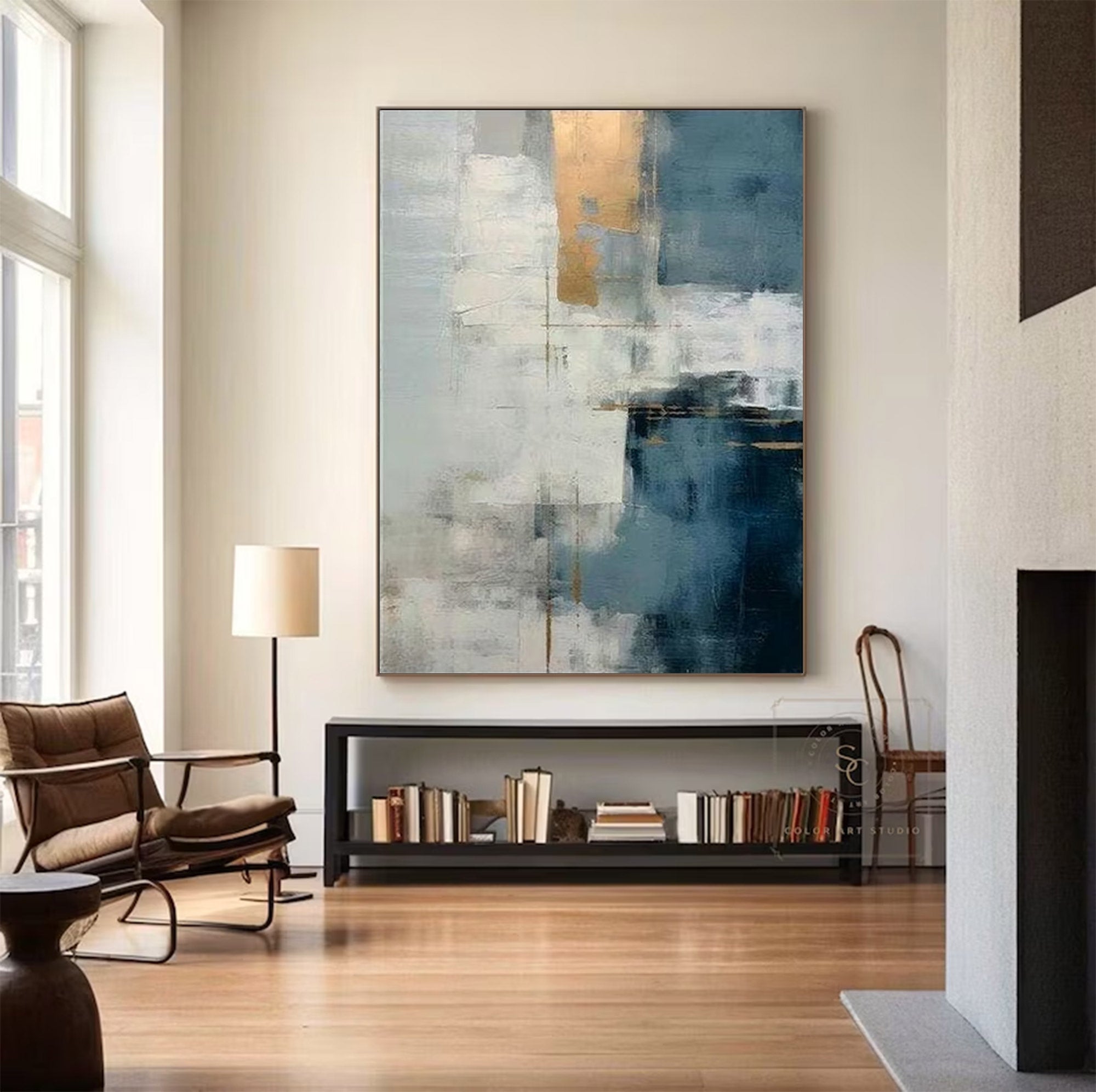 Large Abstract Blue Gold Art | MuroArt #WGA 003