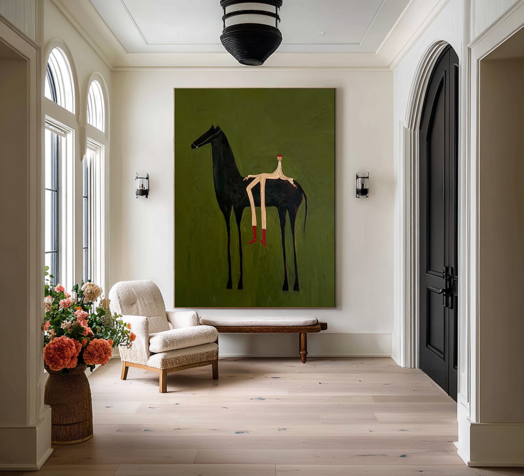 Large Abstract Horse Painting Green Minimalist Figurative Wall Art
