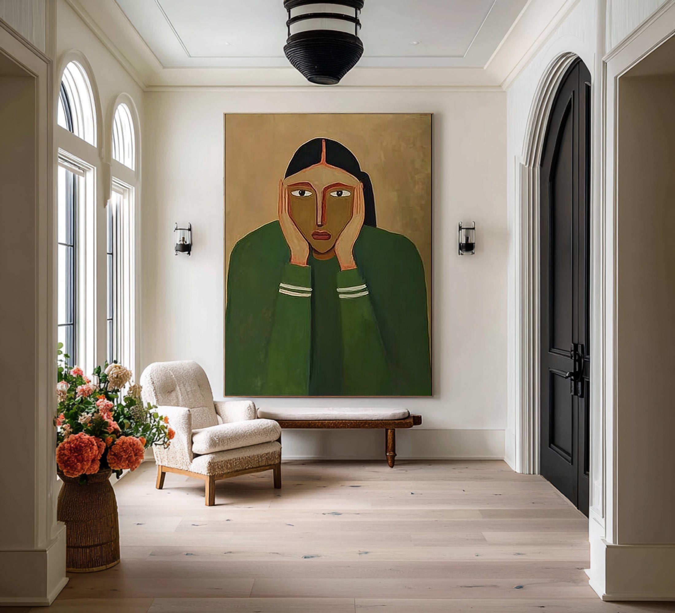 Large Modern Abstract Portrait Oil Painting in Green Tones, Emotional Wall Art for Living Room #WAC 030