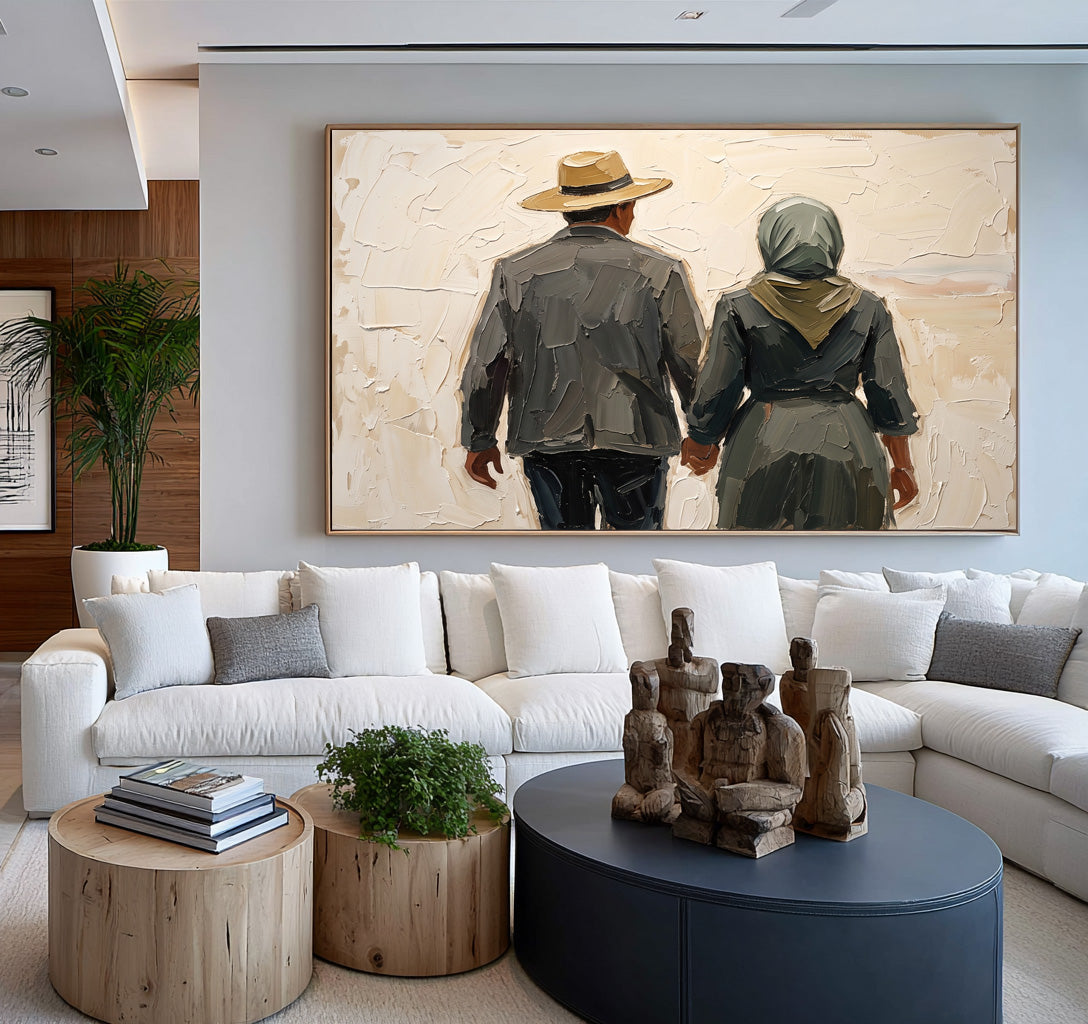 Large Rustic Couple Holding Hands Wall Art Textured Oil Painting Vintage Americana Figurative Portrait Western Inspired Modern Farmhouse Decor