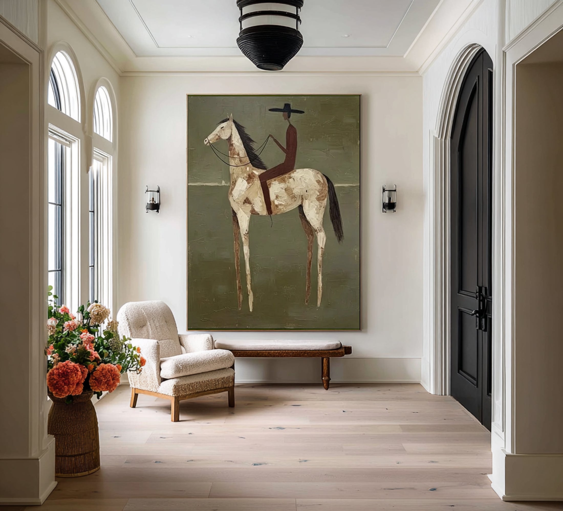 Large Minimalist Horse Rider Painting Contemporary Olive Green Wall Decor