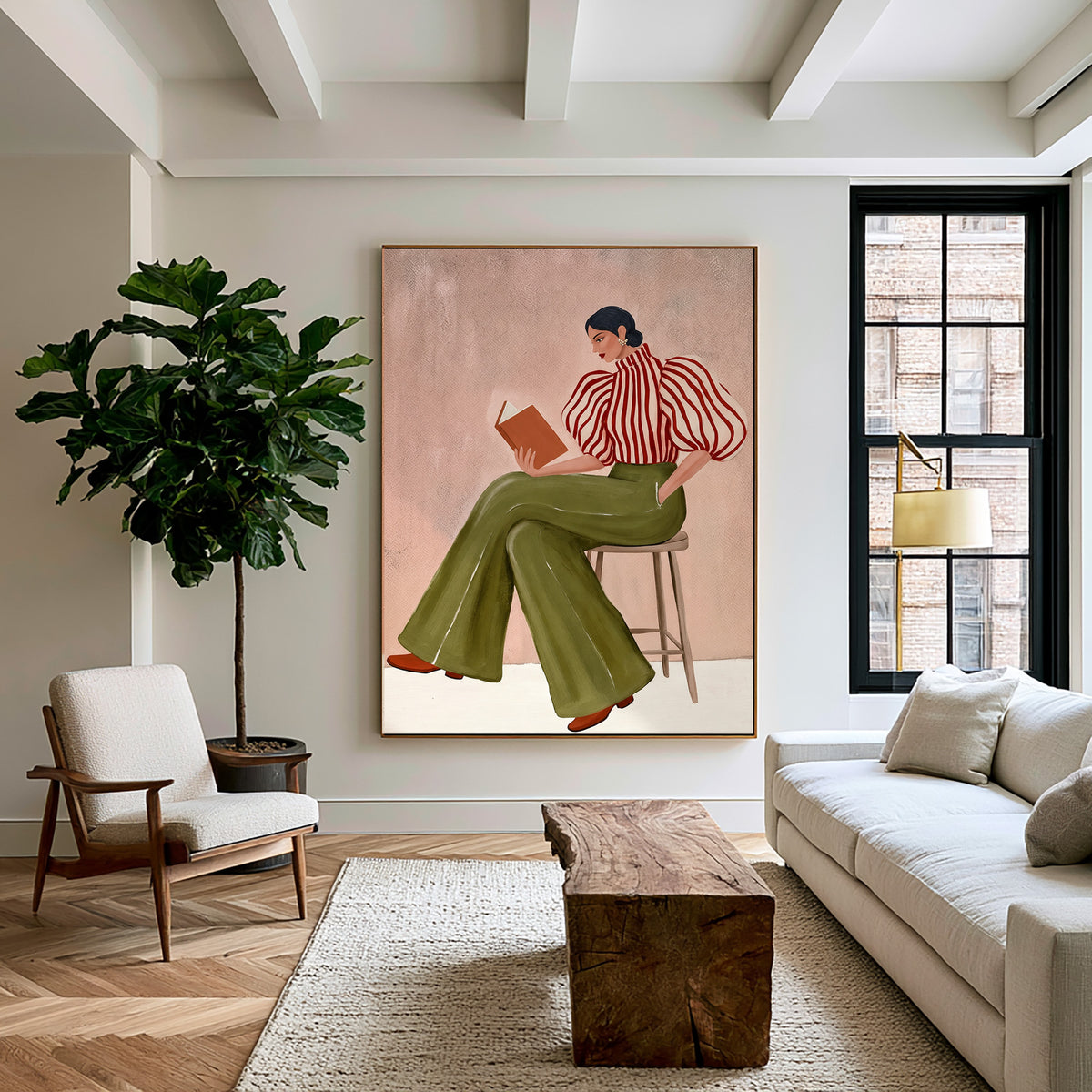 Large Textured Oil Painting Woman Reading Striped Blouse Olive Green Trousers