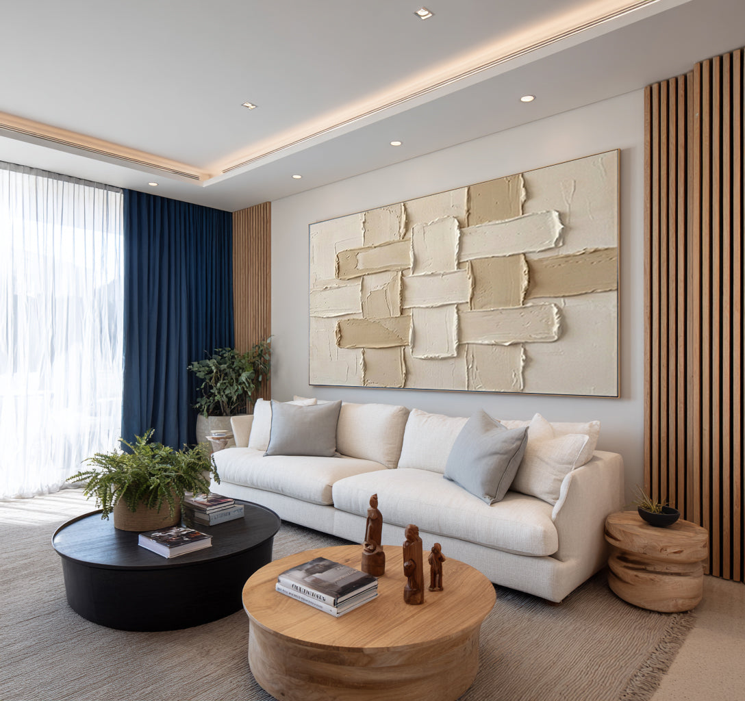 Large Neutral Woven Texture Wall Art Modern Geometric Canvas Painting