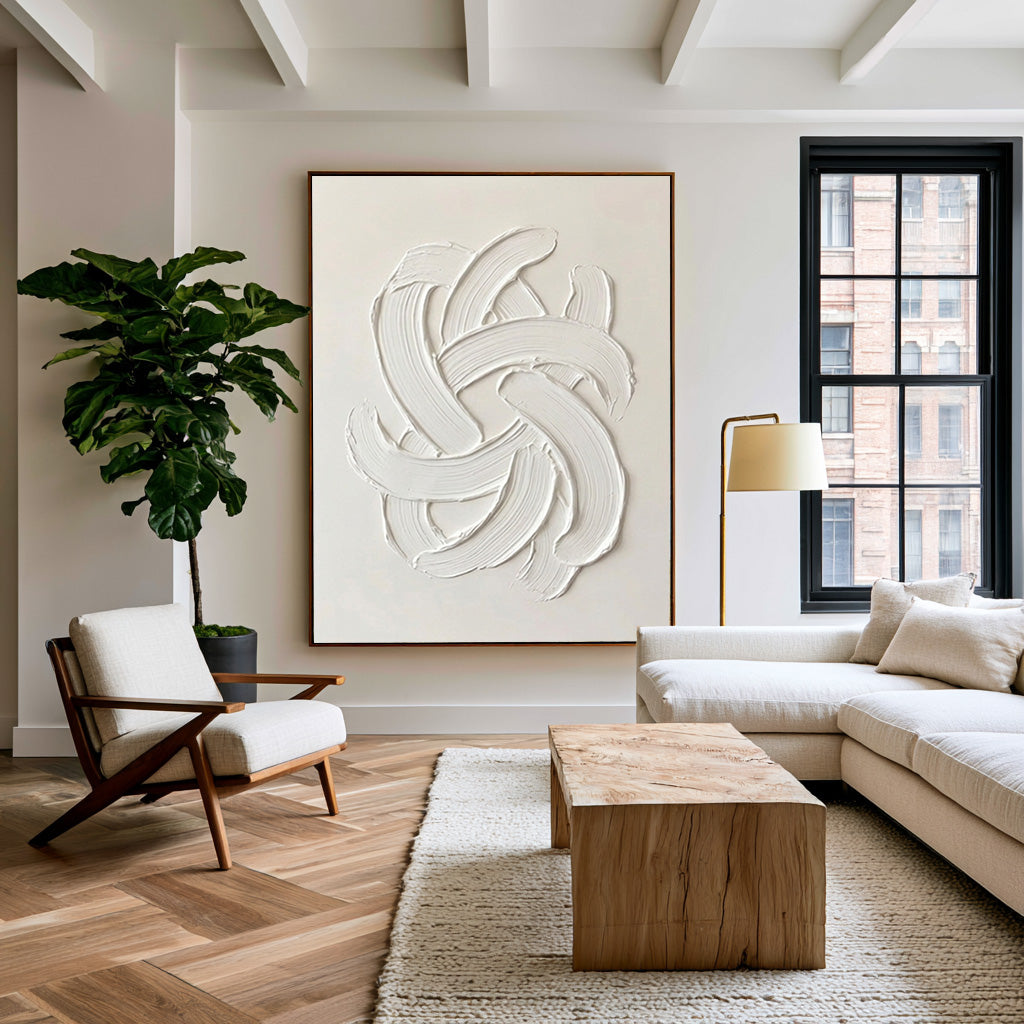 Large Modern White Abstract Wall Art Textured Oil Painting 3D Sculptural Relief Minimalist Contemporary Interior Artwork