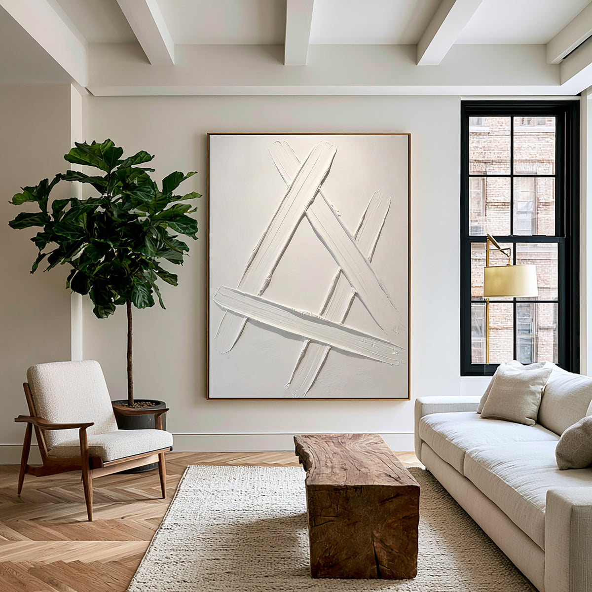 Intersecting Lines Minimalist Textured Abstract Artwork Handmade White Contemporary Geometric Wall Painting