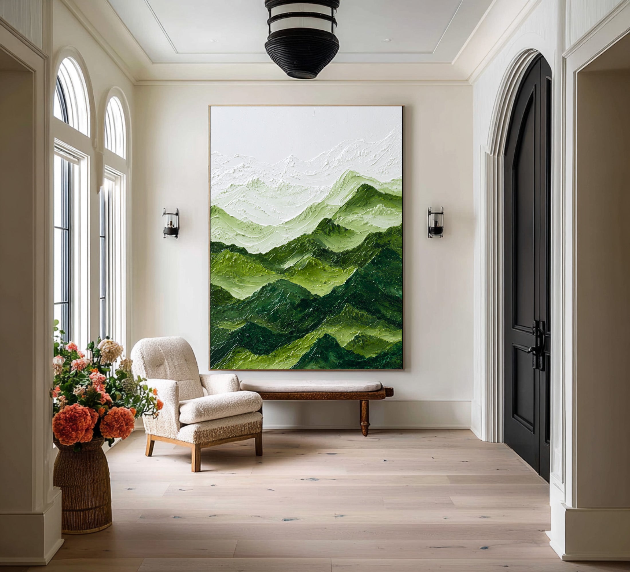 Large Textured Abstract Oil Painting, Green Mountain Landscape Wall Art for Modern Living Room #WAC 005
