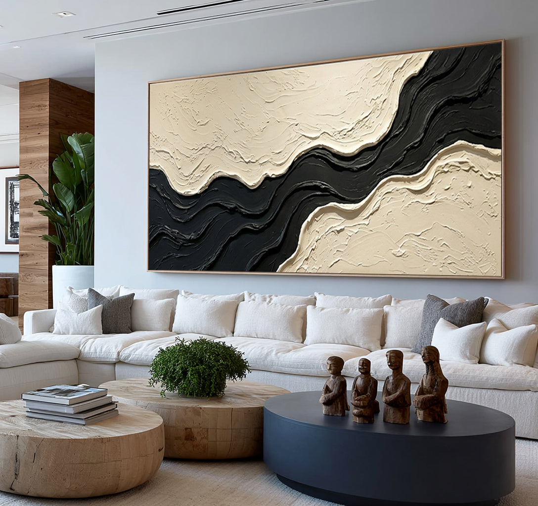 Large Architectural Textured Abstract Wall Art Black Ivory Oil Painting Contemporary Minimalist Artwork Luxury Interior Decor