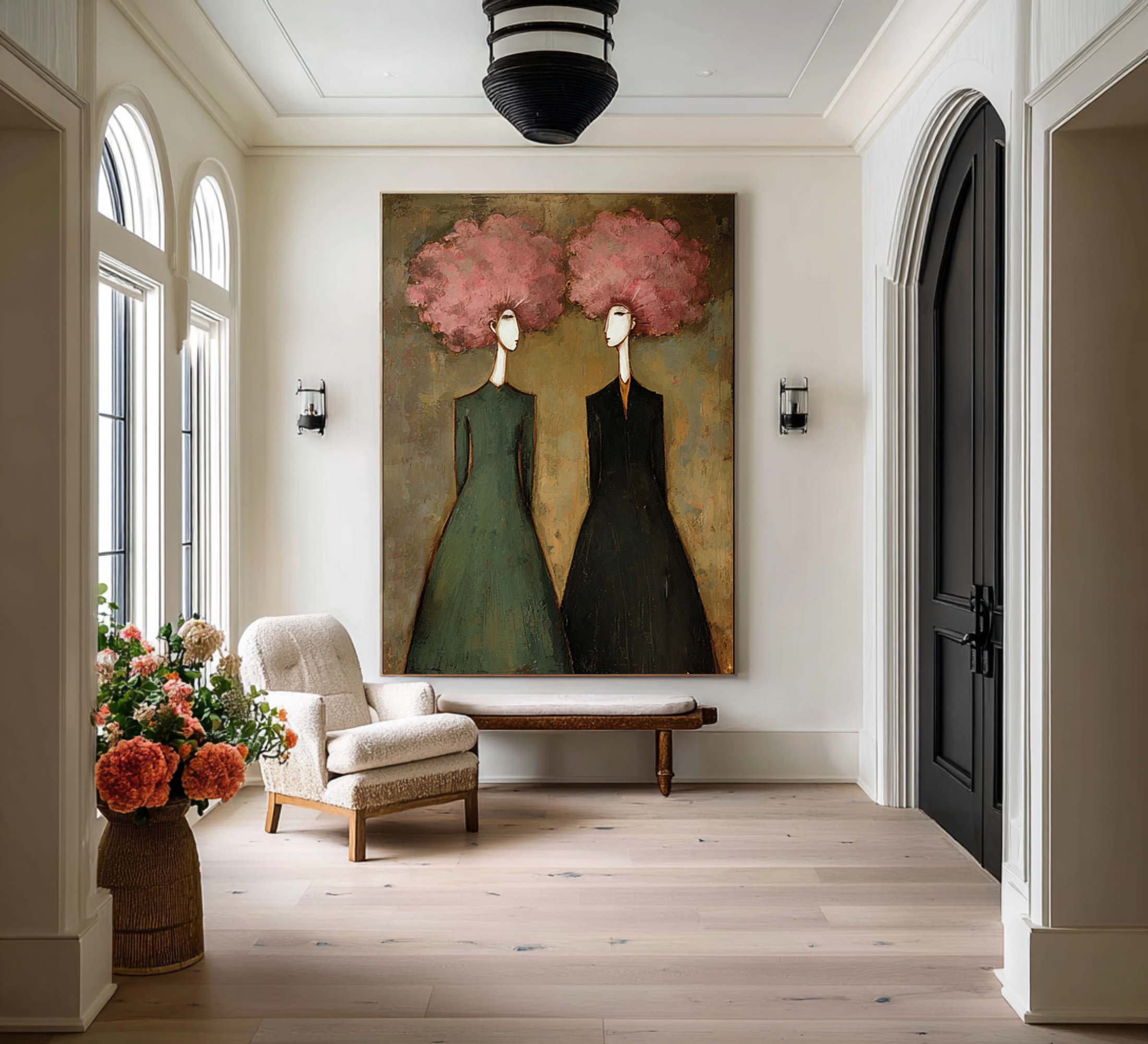 Large Abstract Pink Portrait Oil Painting – Green and Black Modern Wall Art Decor #WAC 044