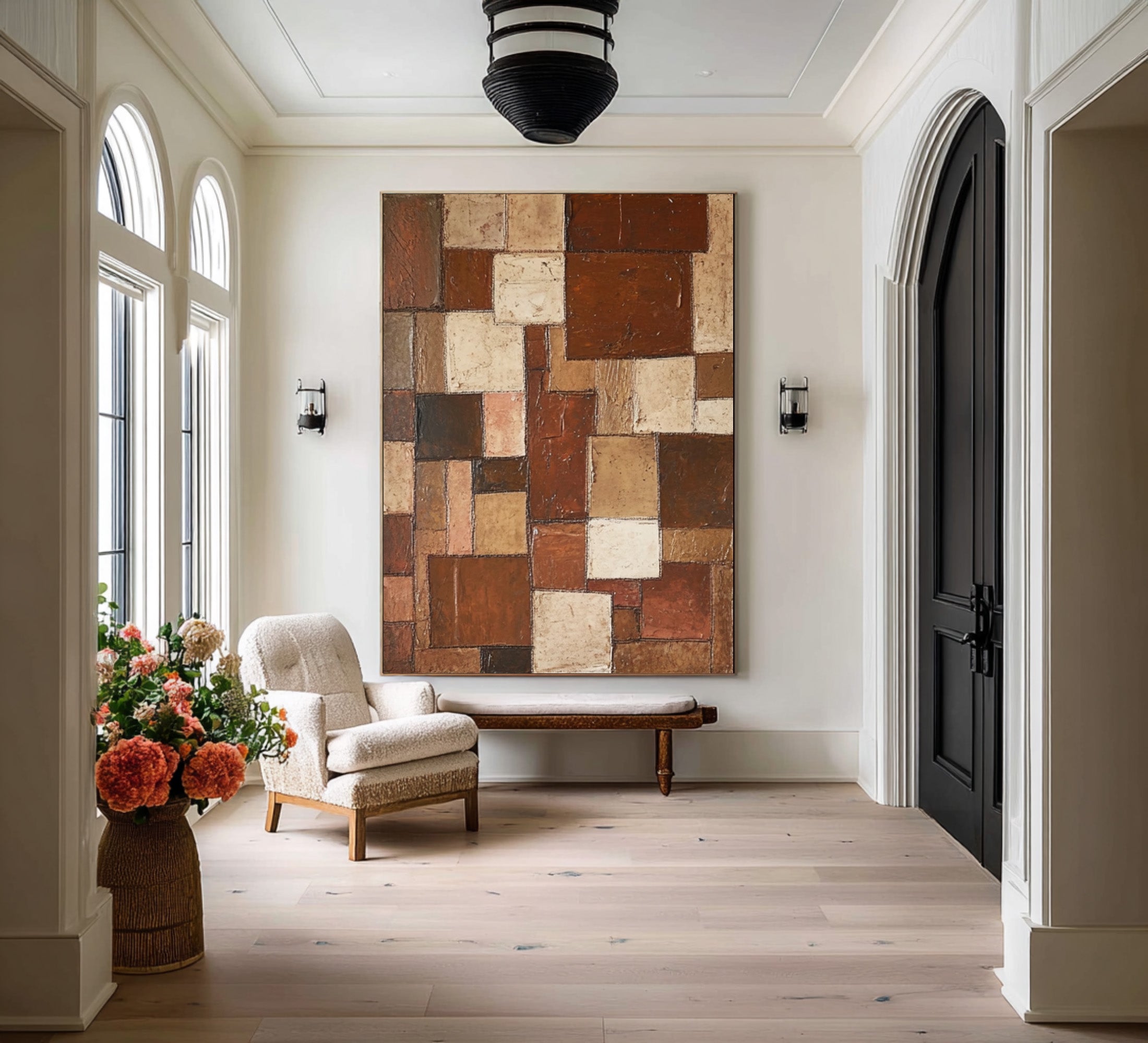 Large Geometric Abstract Oil Painting in Earth Tones, Vertical Contemporary Wall Art for Entryway #WAC 003