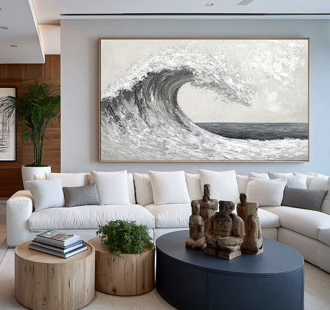 Black White Ocean Wave Textured Oil Painting Large Seascape Wall Art Hand Painted Coastal Artwork