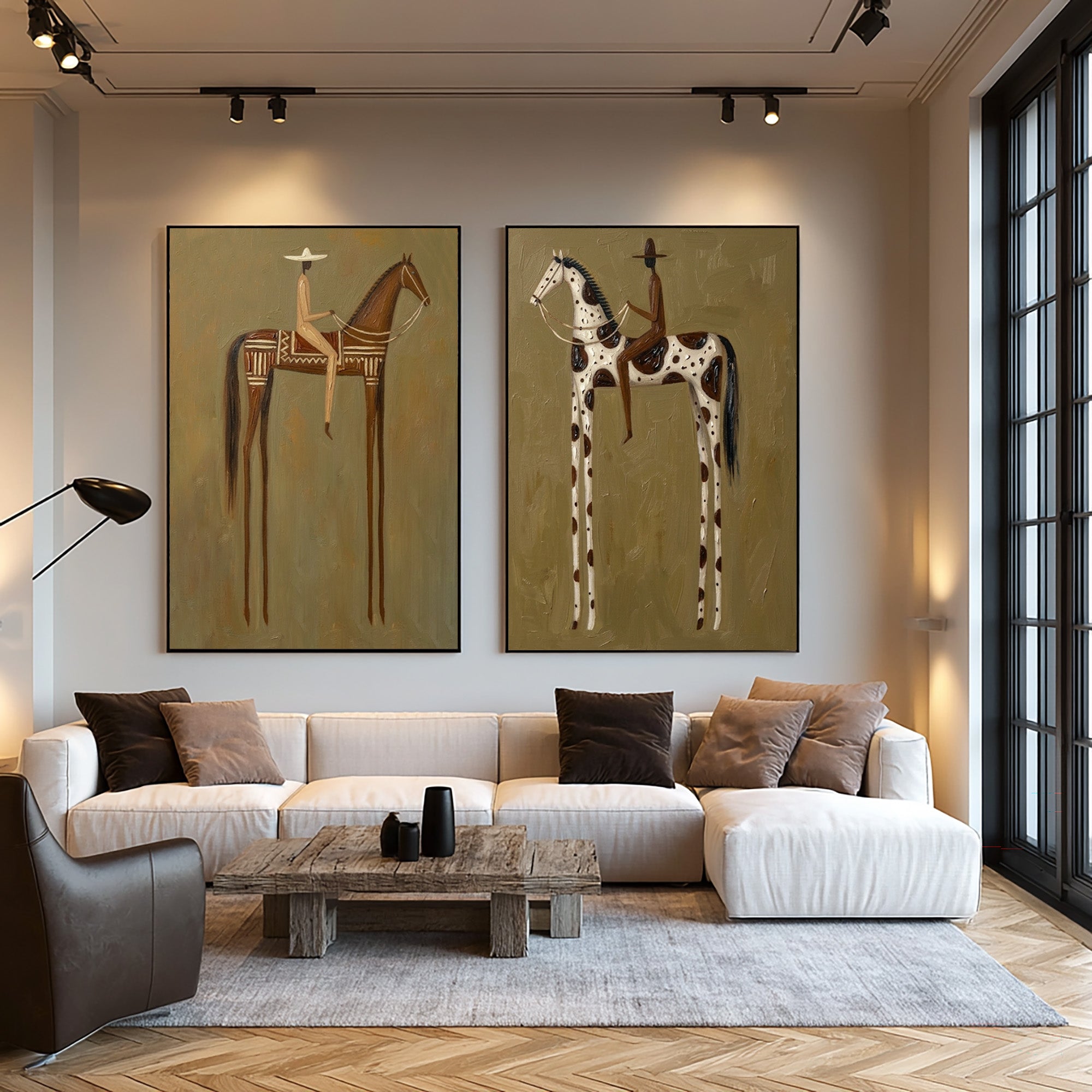 Large Contemporary Cowboy Horse Wall Art Minimalist Western Canvas Diptych