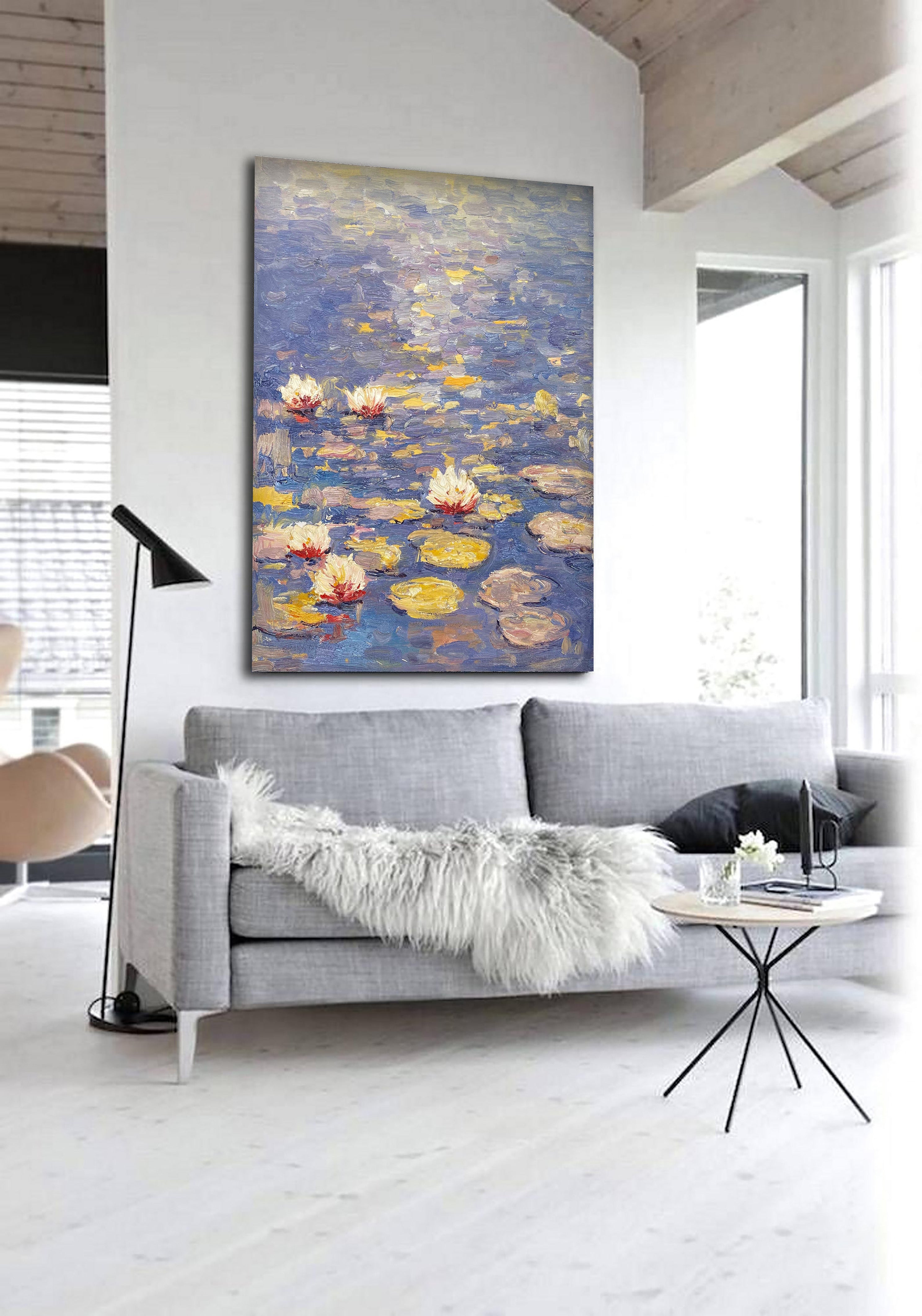 Water Lilies in Blue and Purple, Impressionistic Wall Art #BGA 067