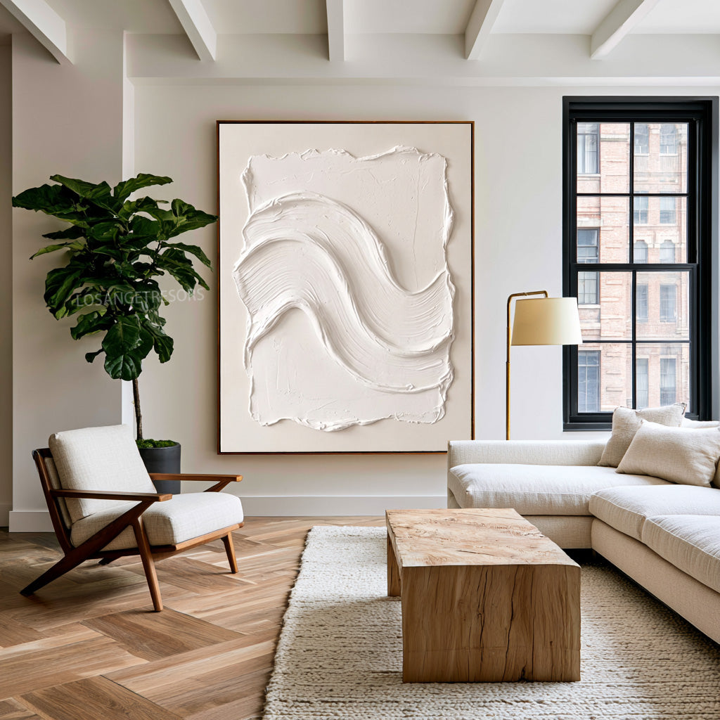 Large White Abstract Wall Art Textured Oil Painting Organic Wave Sculpture Minimalist Luxury Modern Interior Decoration