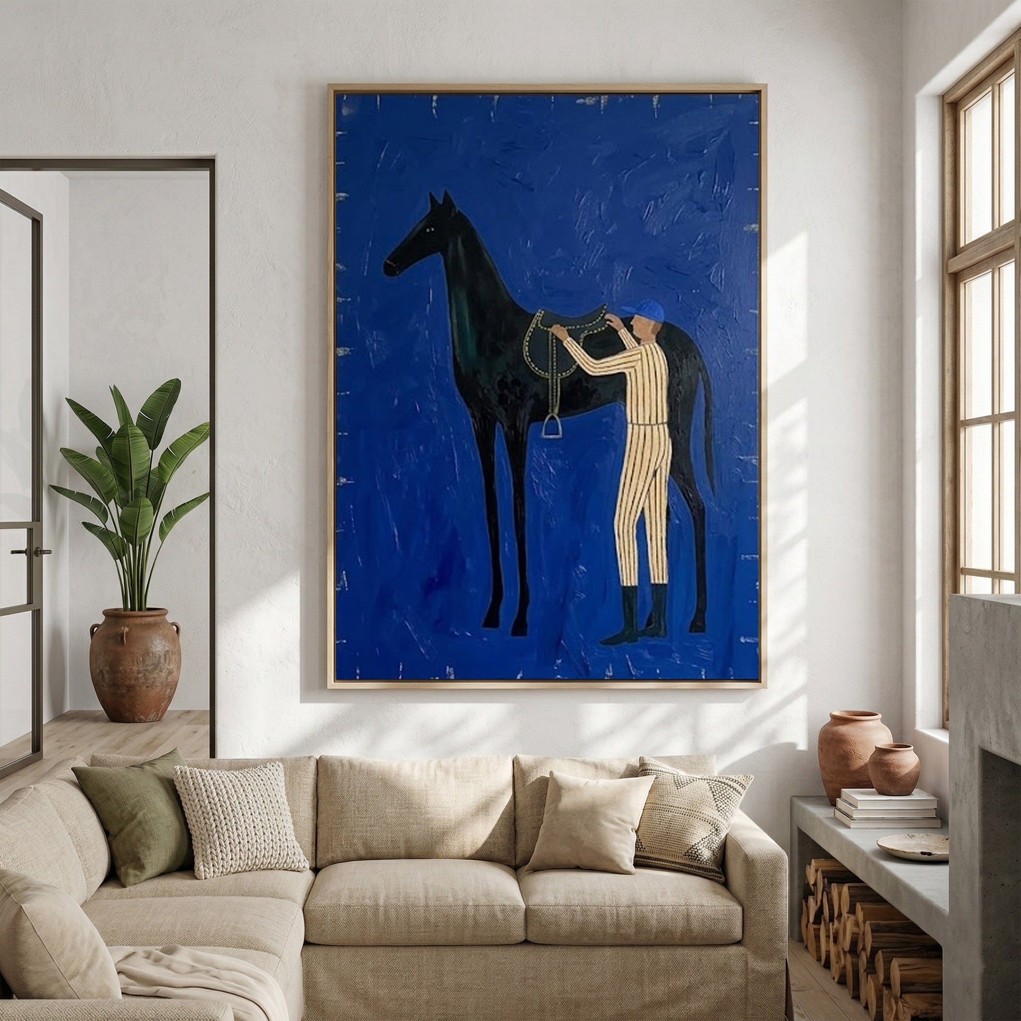 Large Abstract Cowboy Equestrian Oil Painting Blue Wall Art
