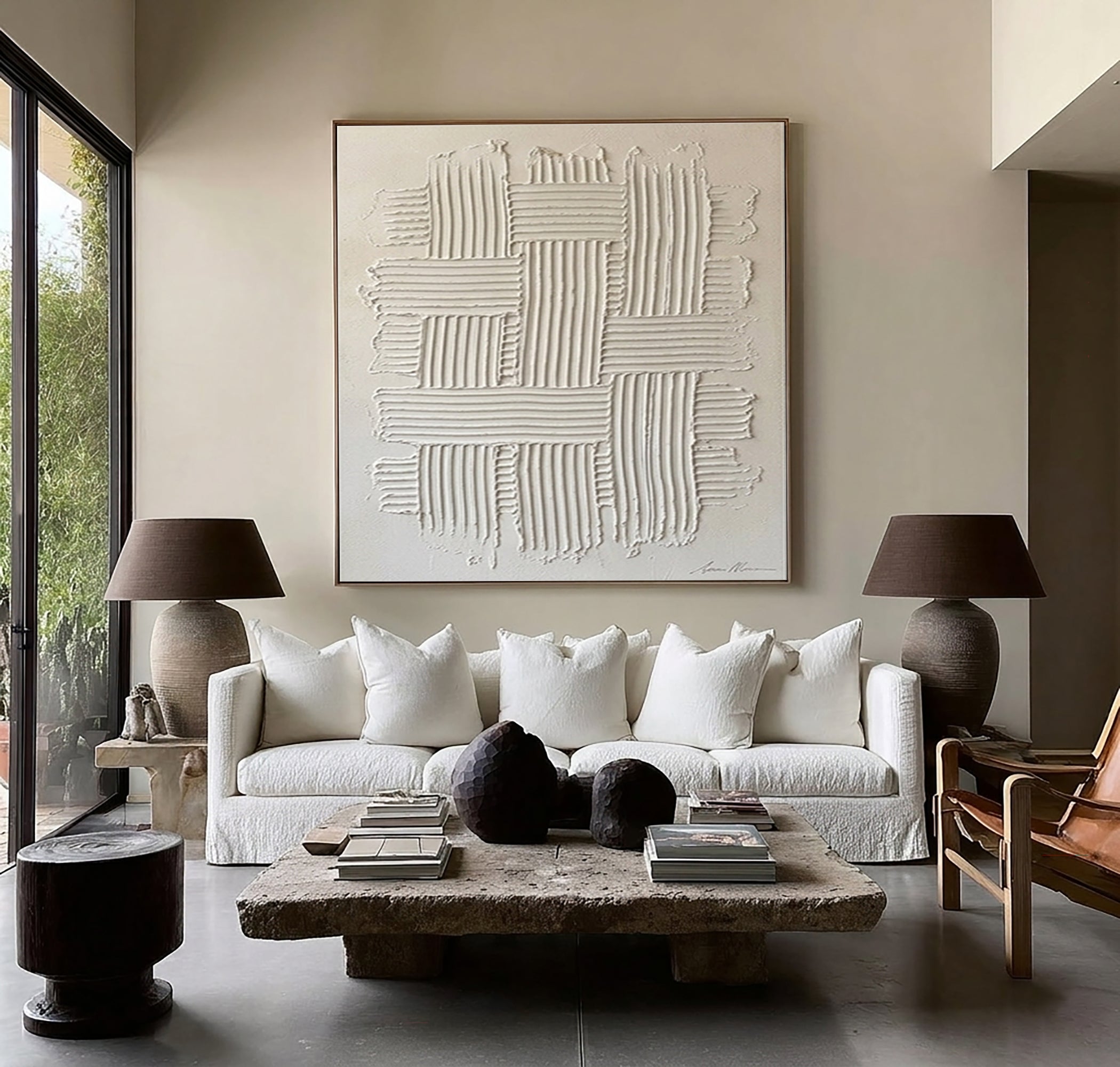 Large Woven Texture Wall Art Hand Painted Neutral Abstract Canvas