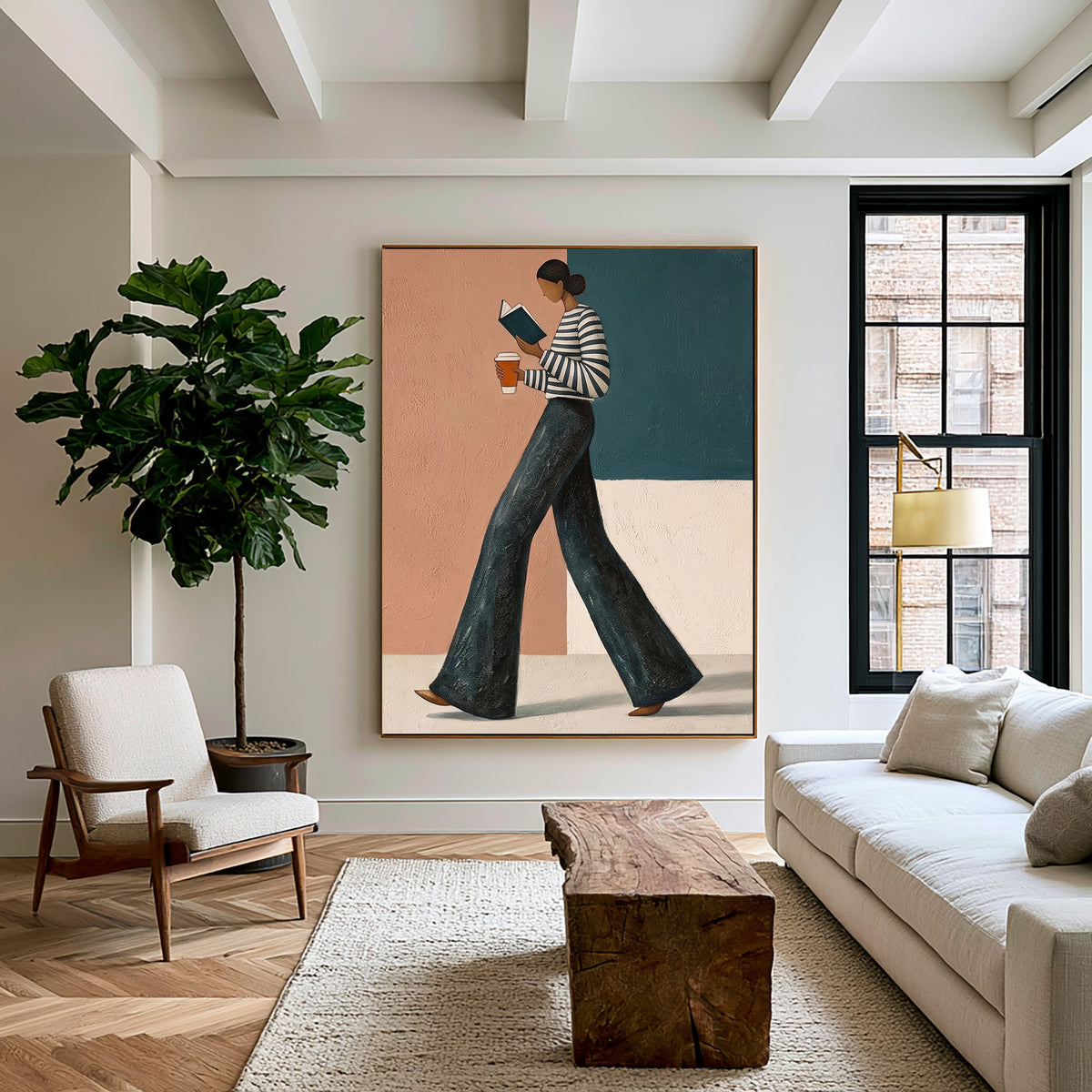 Modern Fashion Woman Reading Book Coffee Wall Art