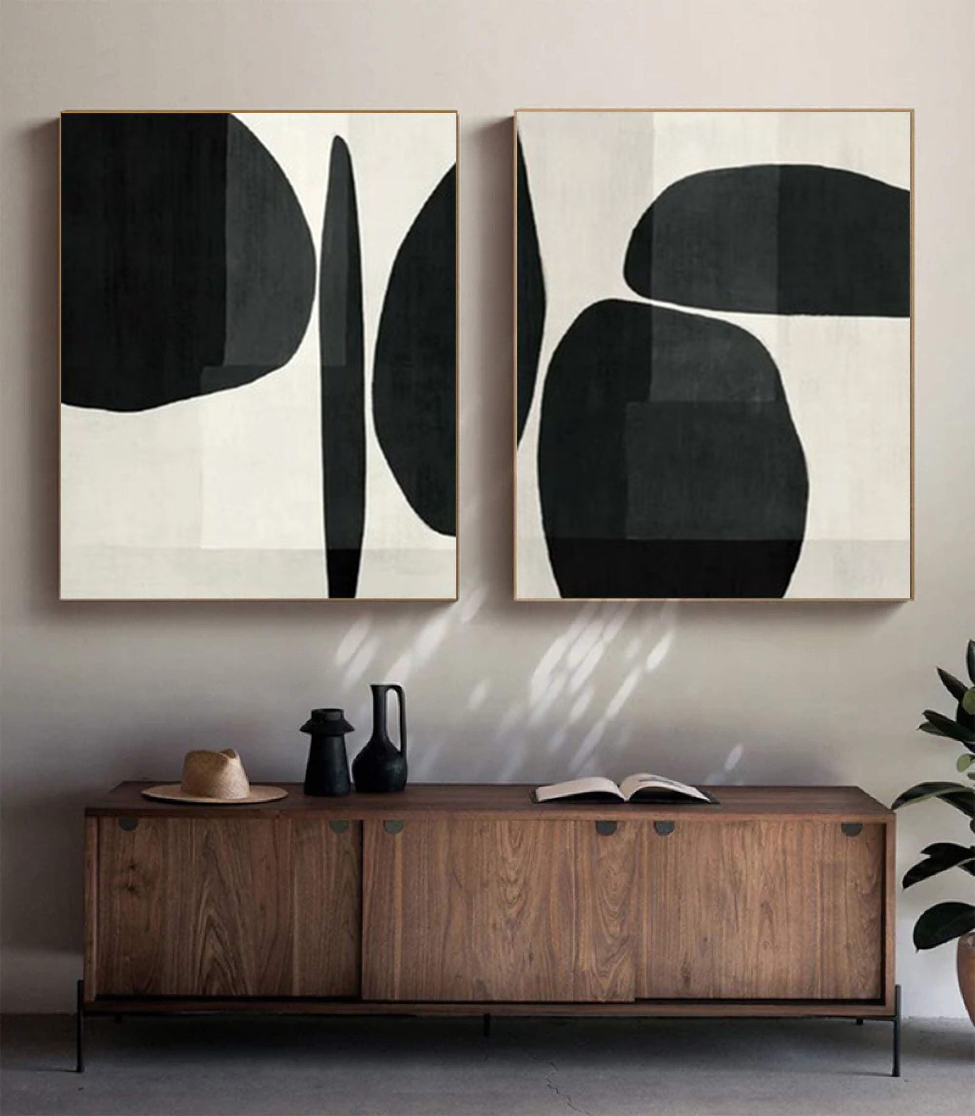 Elegant Minimalist Abstract Art Diptych Black and White Canvas Set #BWS 013