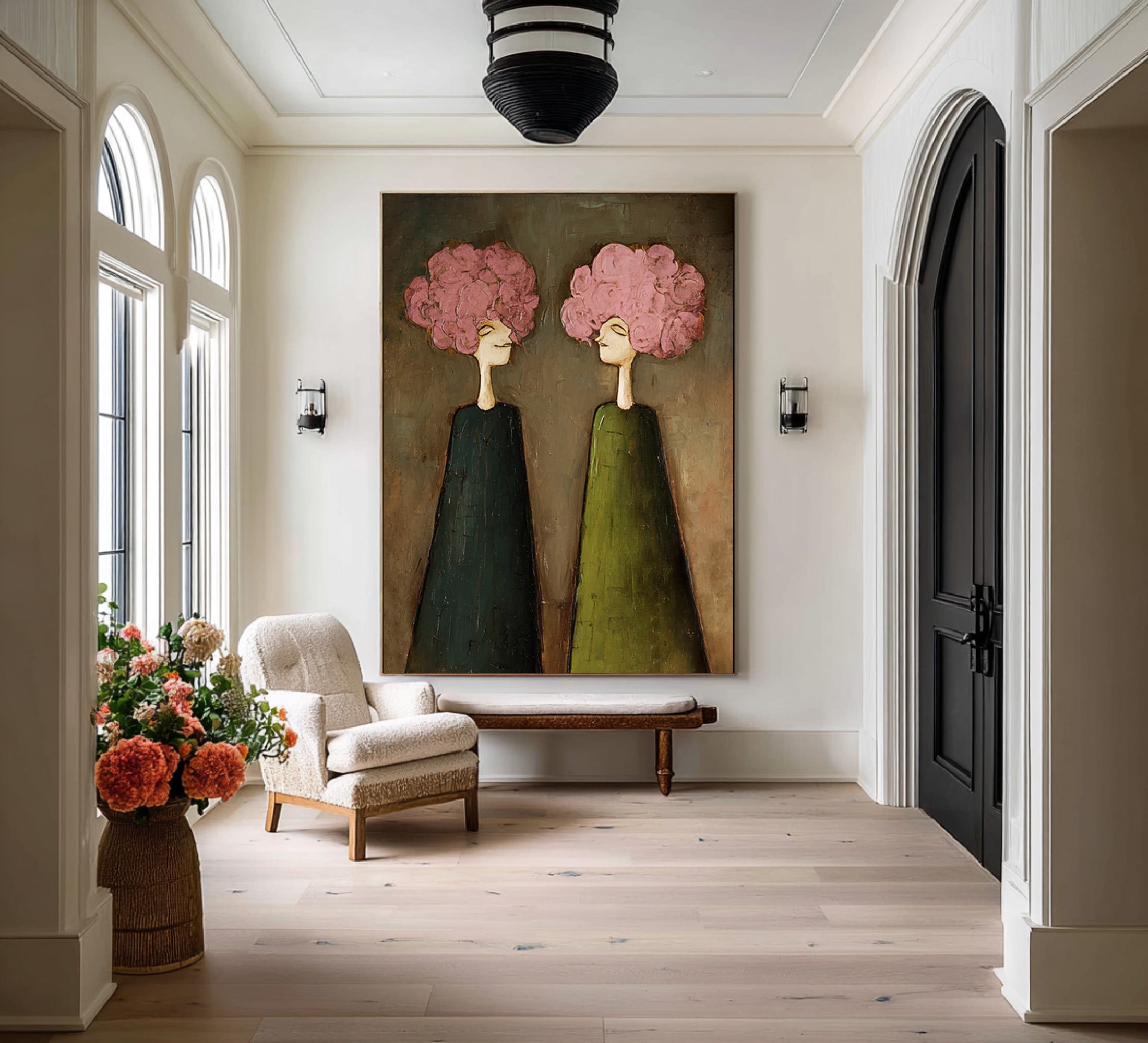 Large Pink Floral Portrait Oil Painting on Canvas – Modern Green Dress Wall Art #WAC 041