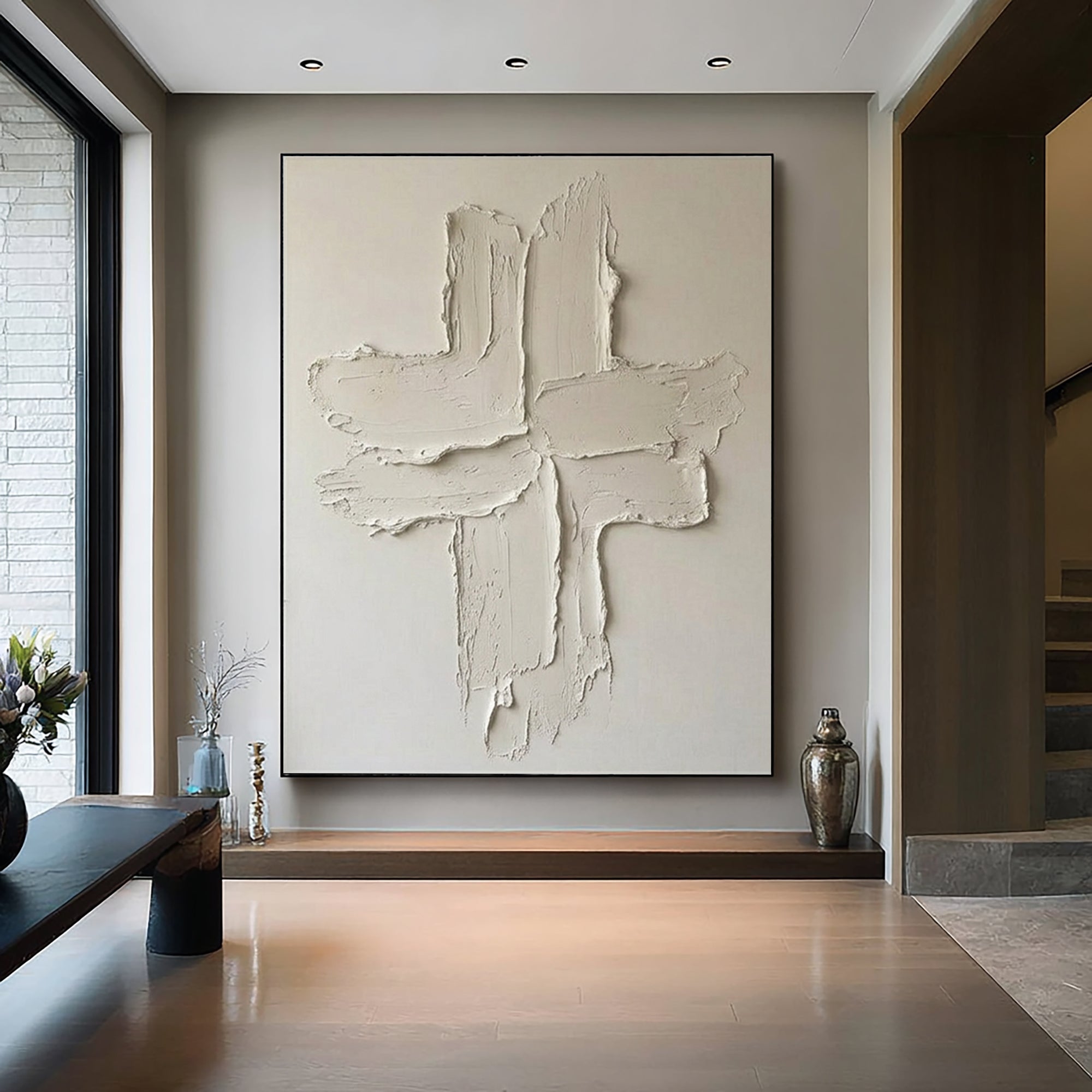 Large Minimalist Oil Painting with Raw Textured Cross Composition