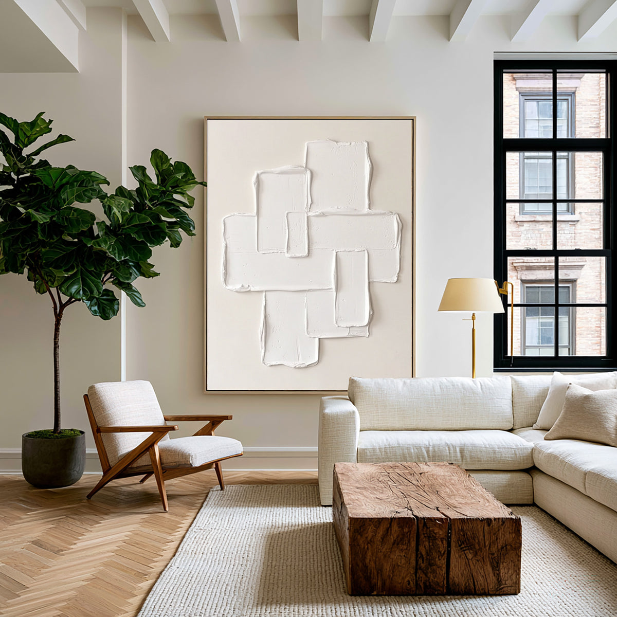 Large Minimalist Geometric Textured Relief Wall Art Ivory Cream Abstract Oil Painting Sculptural 3D Modern Luxury Home Decor