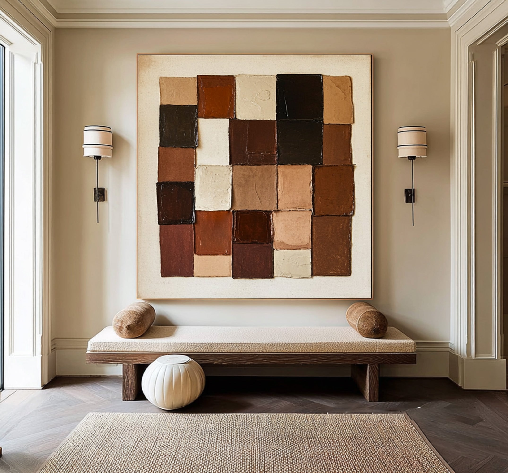 Large Geometric Block Abstract Oil Painting, Earth Tone Wall Art for Modern Entryway Decor #WAC 010