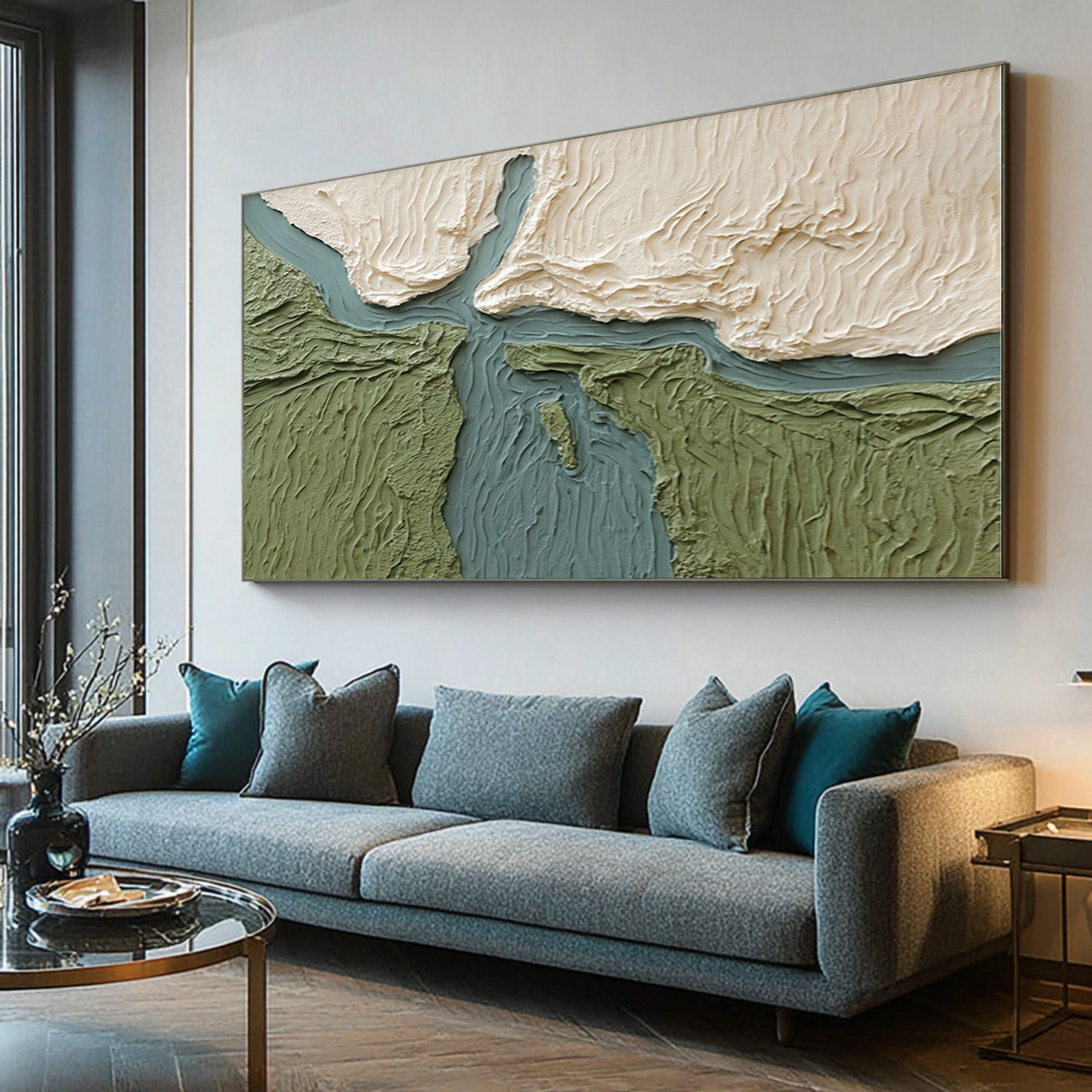 Large Contemporary Abstract Oil Painting, Textured Green Landscape Wall Art for Modern Interiors #WAC 026