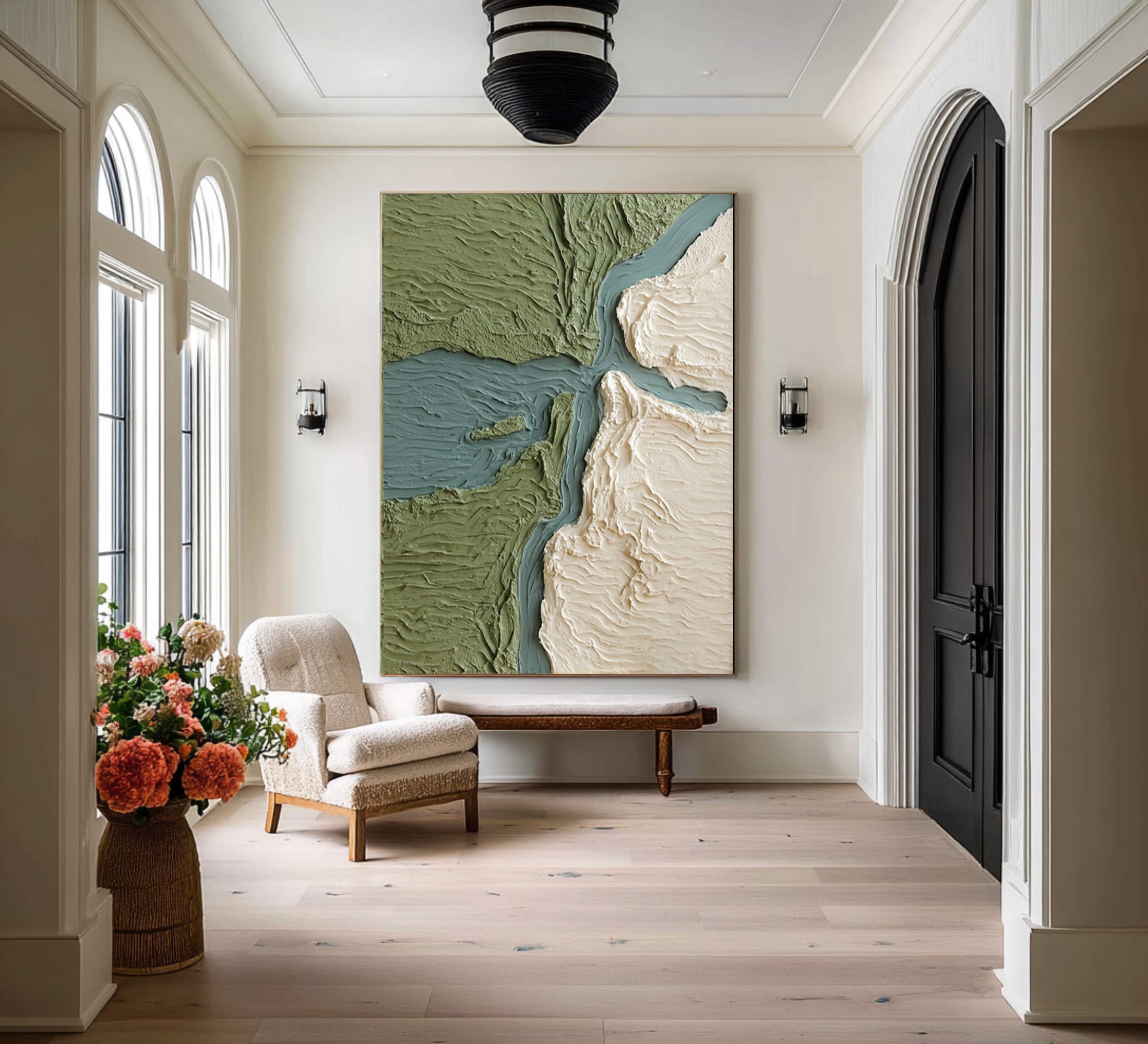 Large Modern Abstract Oil Painting, Minimal Green Landscape Textured Wall Art for Interior #WAC 029