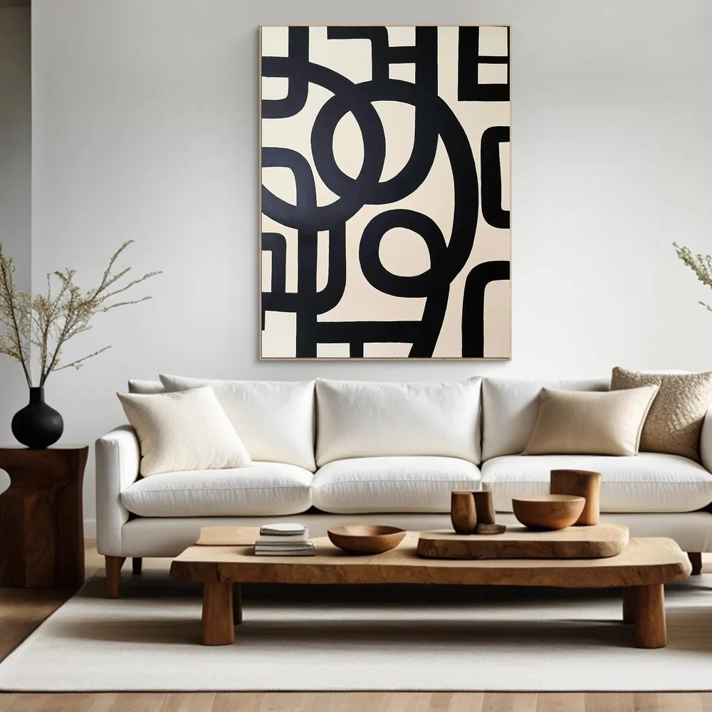 Large Modern Abstract Oil Painting, Black and White Geometric Wall Art for Living Room #WAC 031