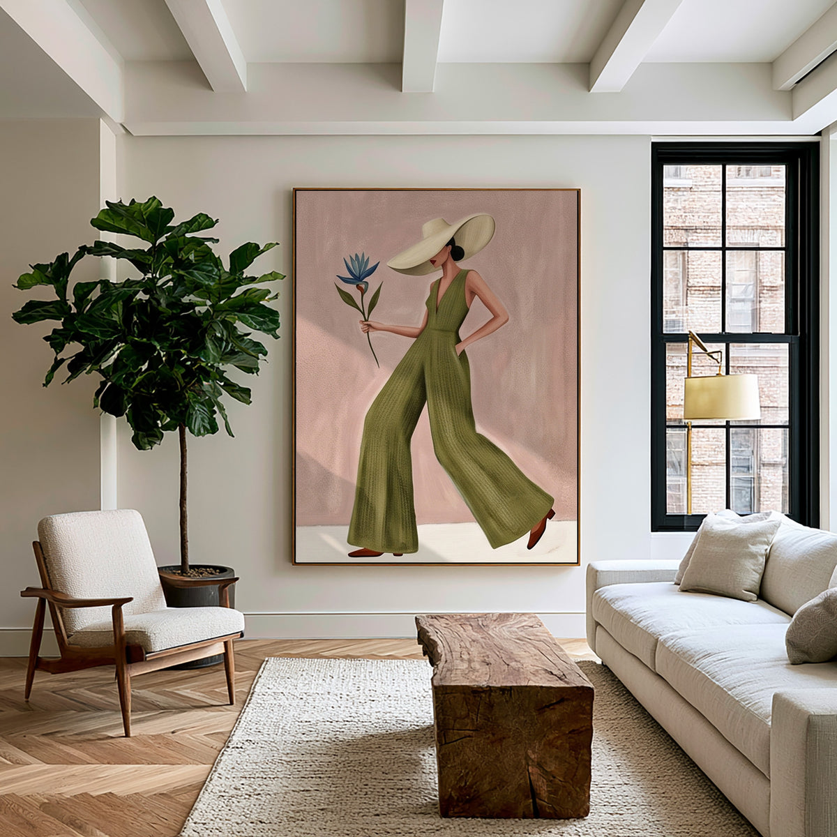 Modern Woman Painting Fashion Wall Art with Floral Details