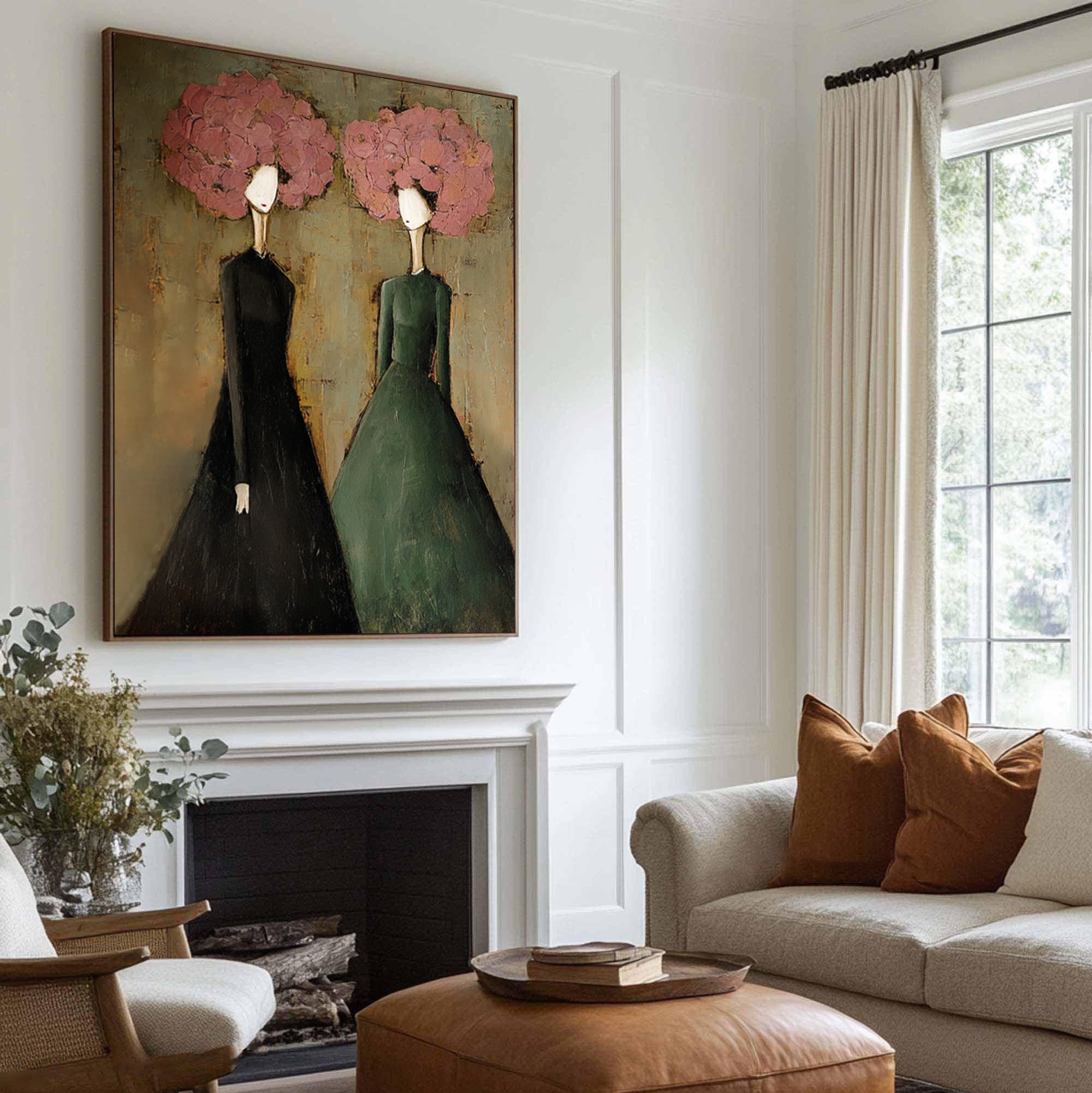 Large Modern Portrait Oil Painting on Canvas – Green Figurative Statement Wall Art #WAC 037