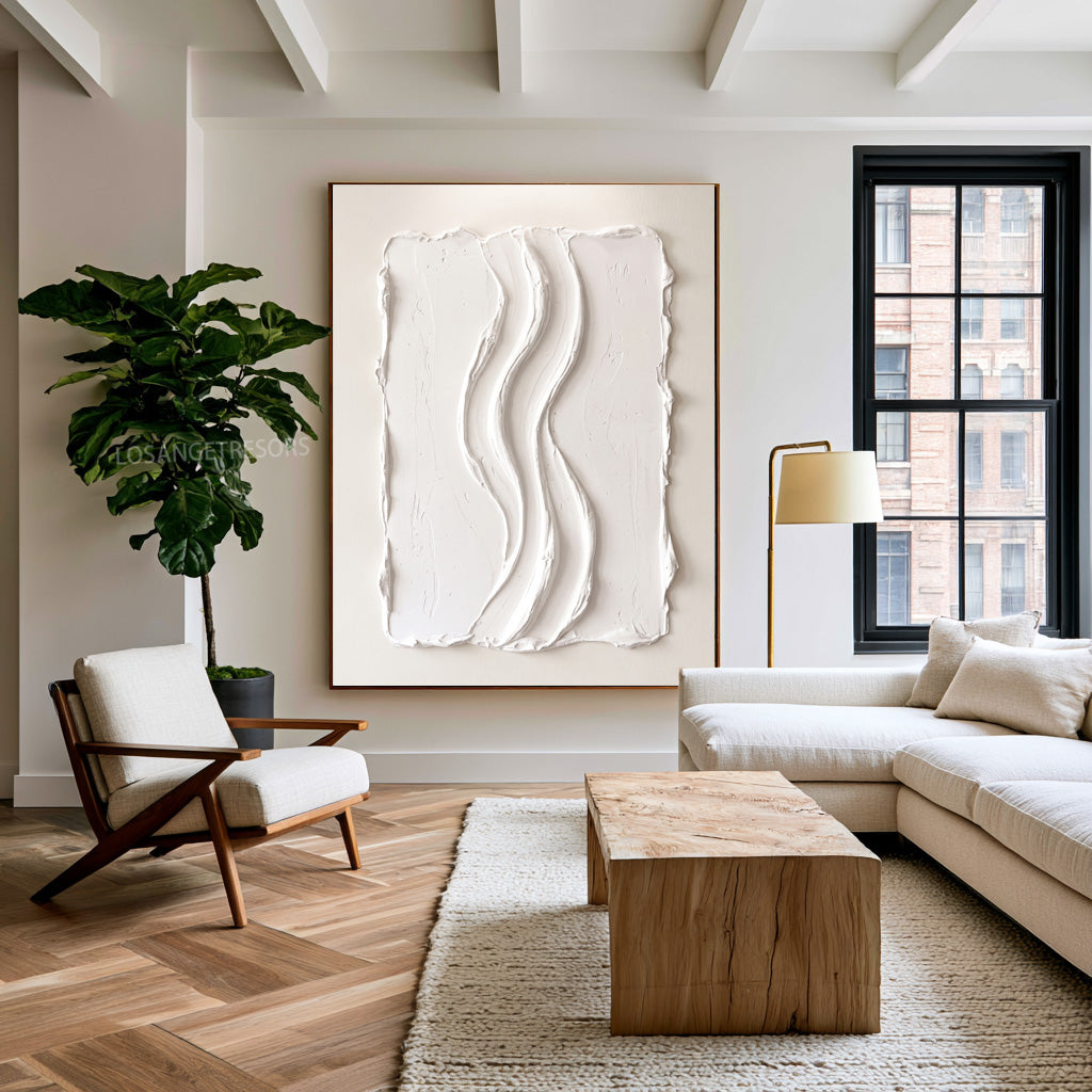 Large White Textured Wall Art Abstract Oil Painting Vertical Flow Sculpture Minimalist Modern Contemporary Interior Decor