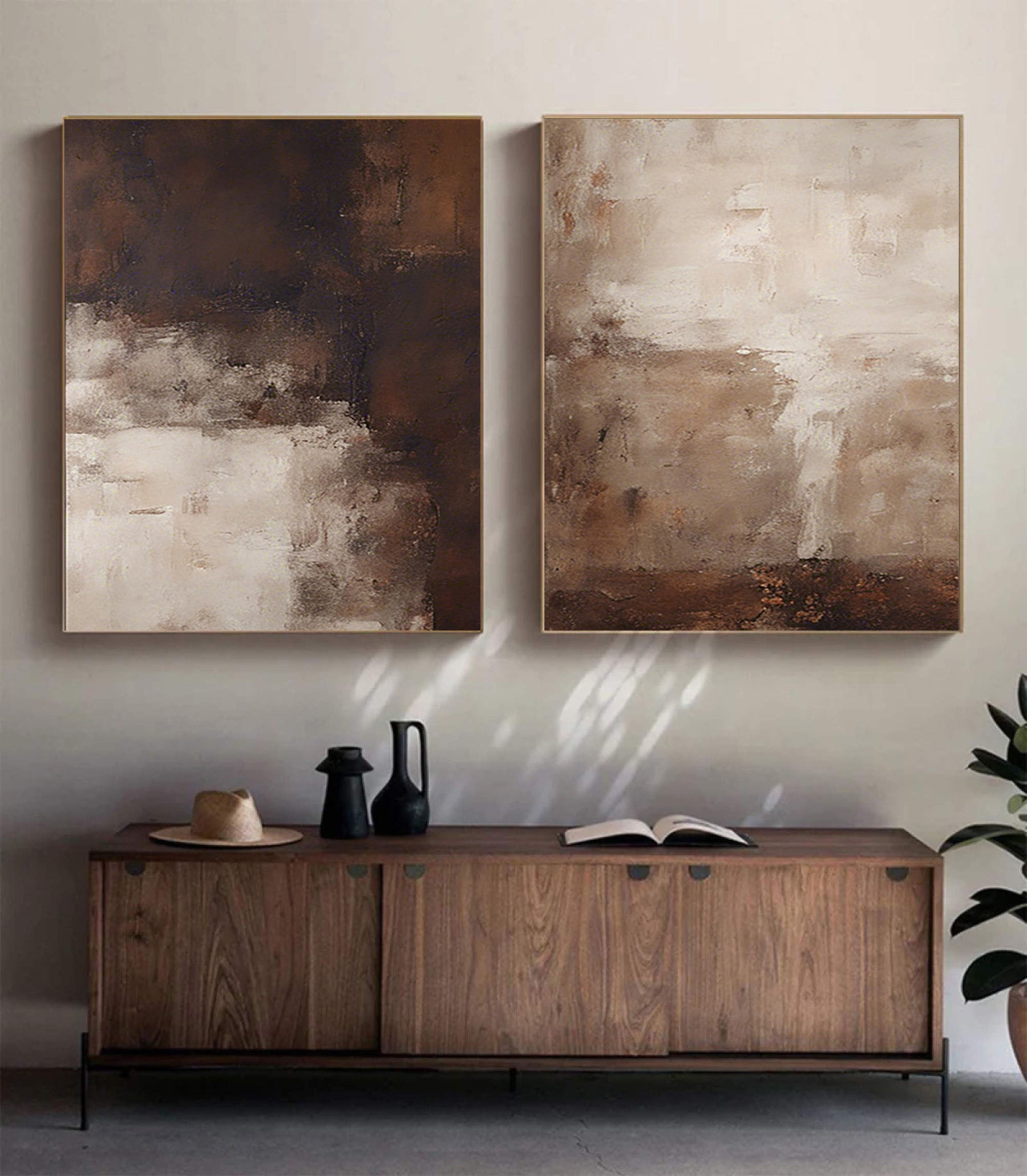 Fresh Look at Rustic Earth Tones Abstract Diptych Luxurious Textured Wall Art Bbs