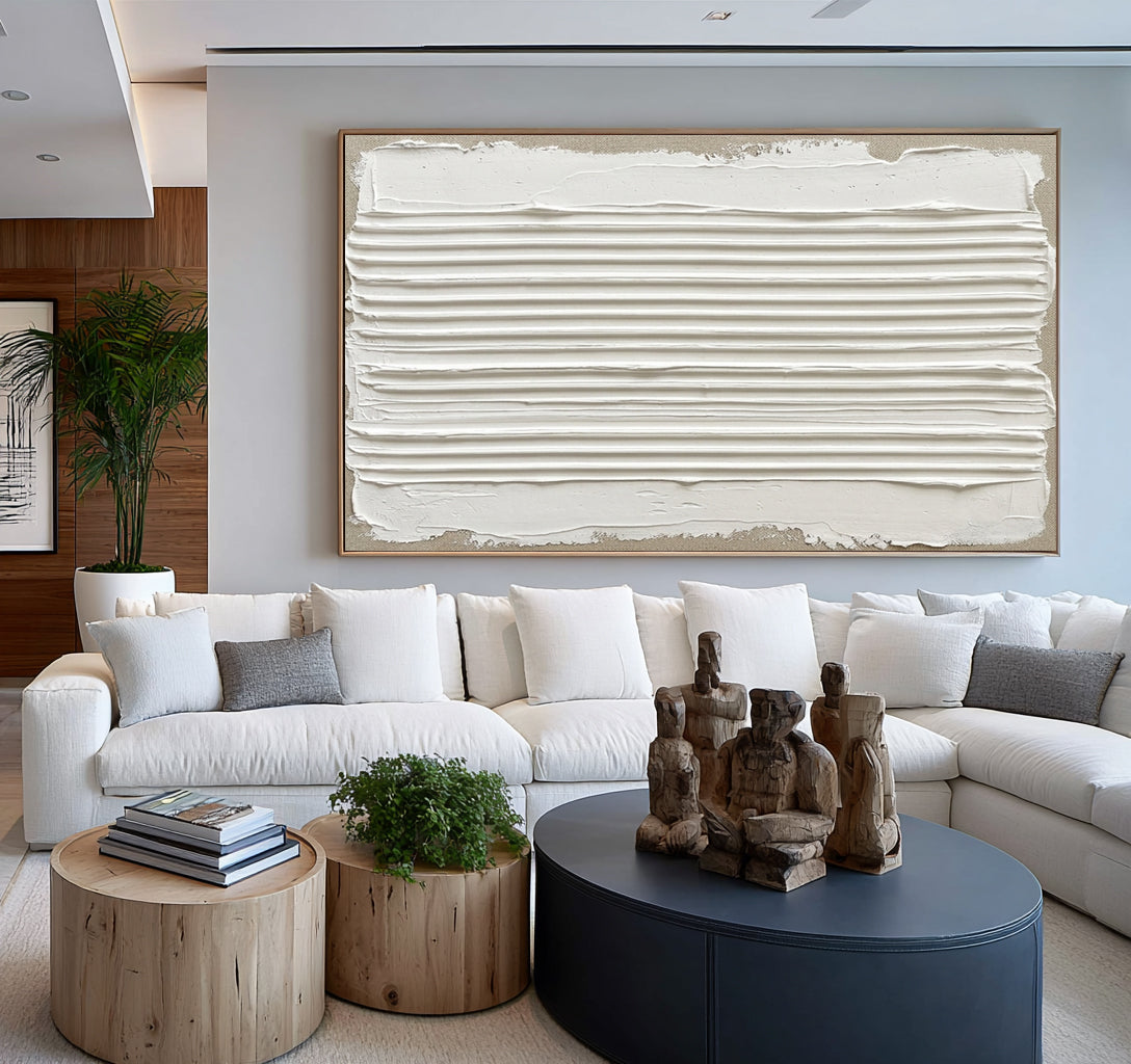 Lines That Drift Into Stillness Large White Textured Wall Art Minimalist Abstract Relief Artwork