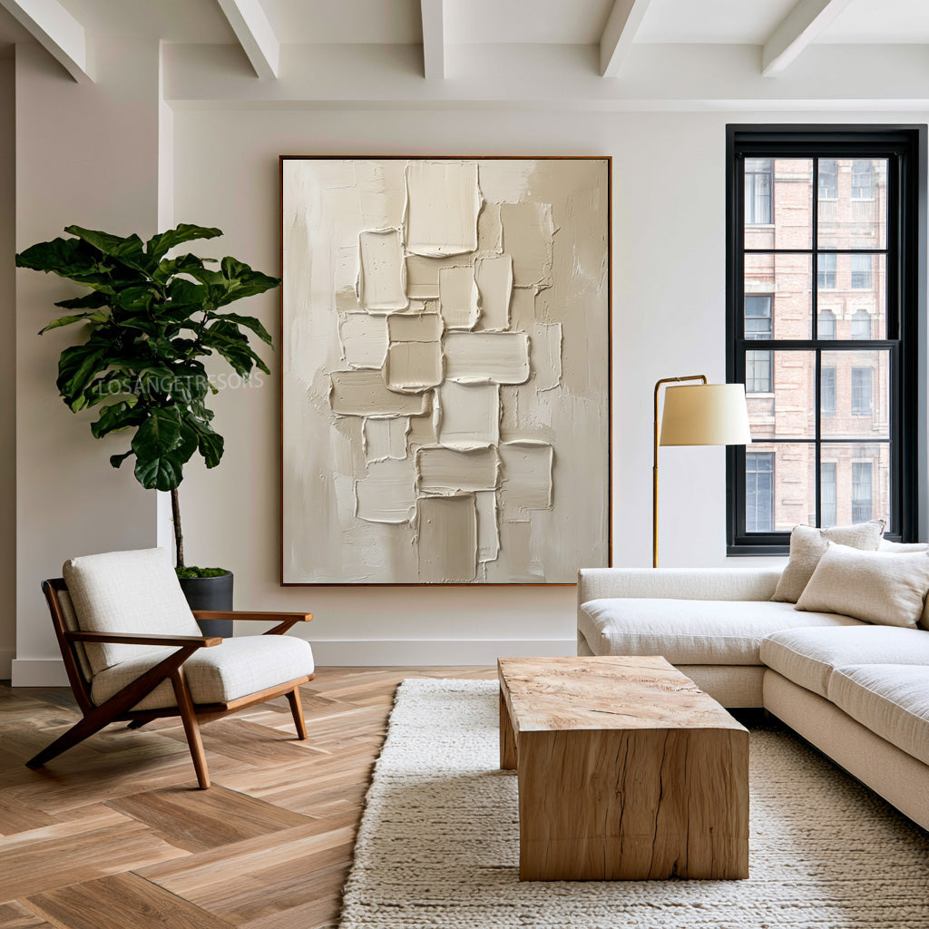 Large Organic Modern Sculptural Wall Art Ivory Cream Geometric Textured Abstract Painting Neutral Home Decor