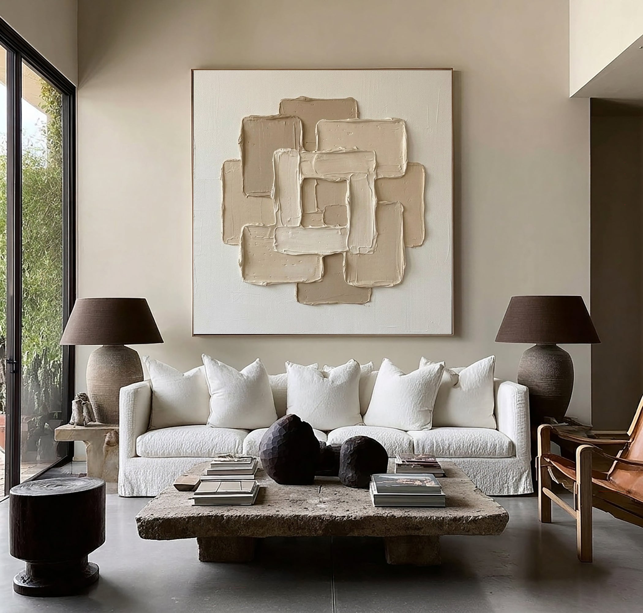 Large Textured Canvas Oil Painting – Minimalist Beige Wall Artwork
