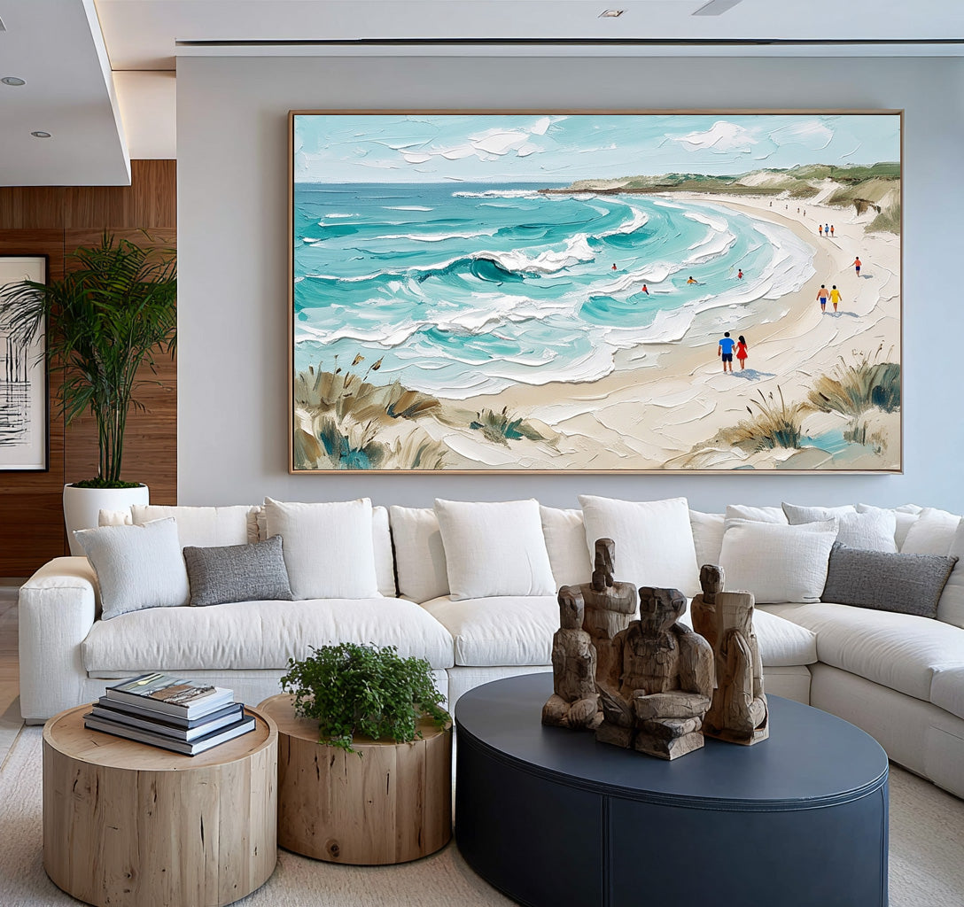 Large Textured Beach Painting Turquoise Ocean Waves Coastal Wall Art