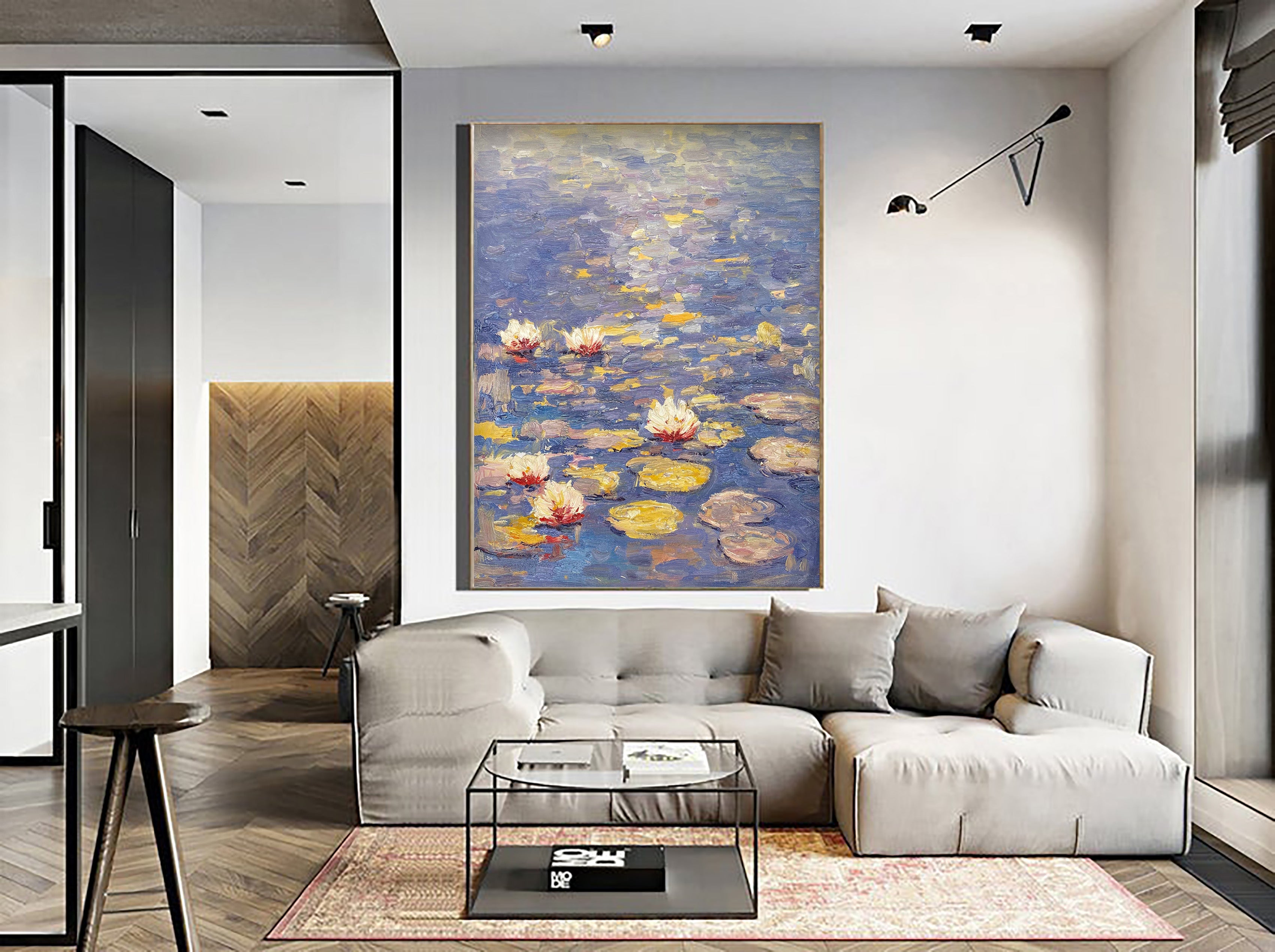 Water Lilies in Blue and Purple, Impressionistic Wall Art #BGA 067