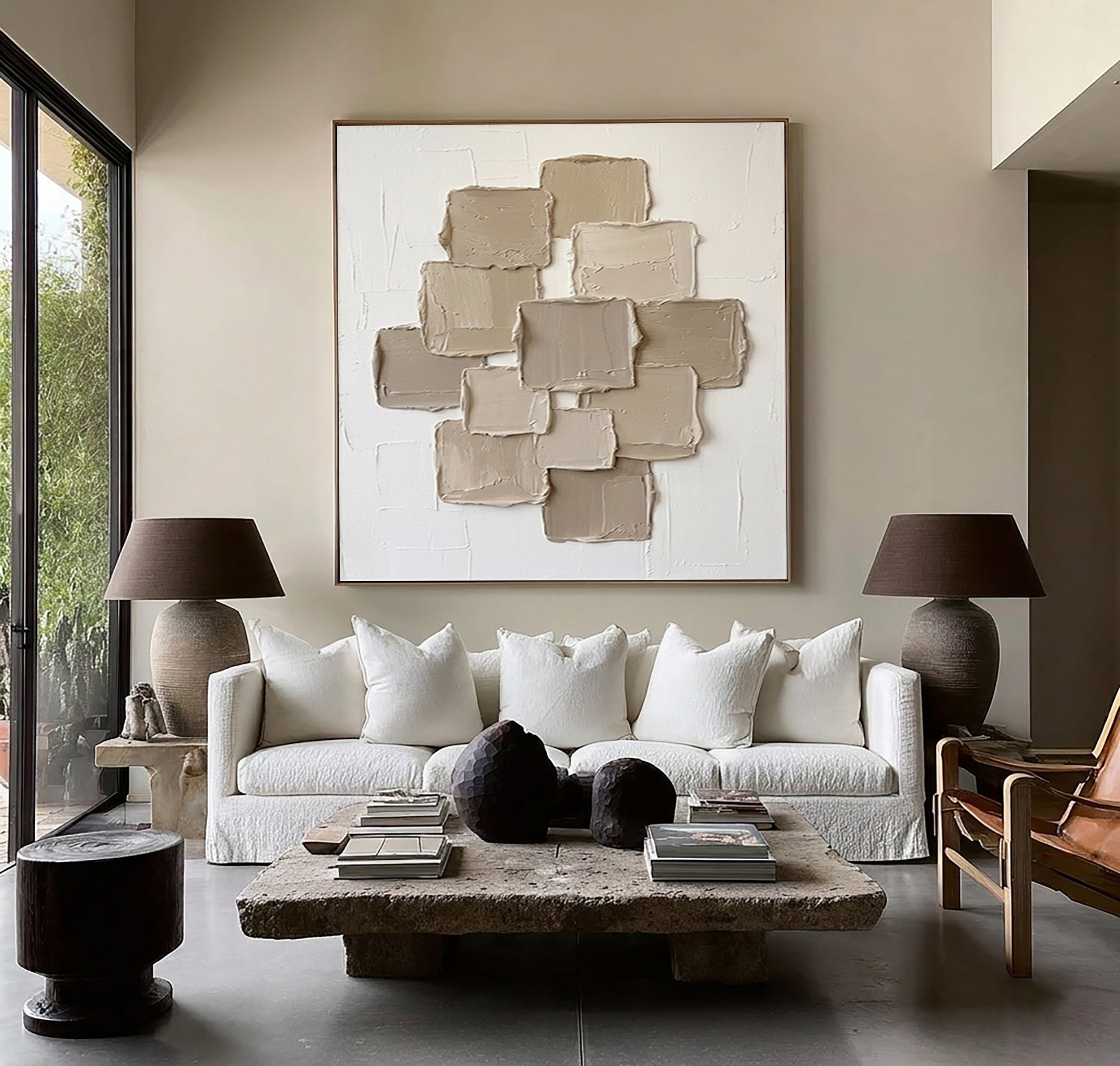 Large Beige Textured Canvas Art Modern Hand Painted Wall Decor