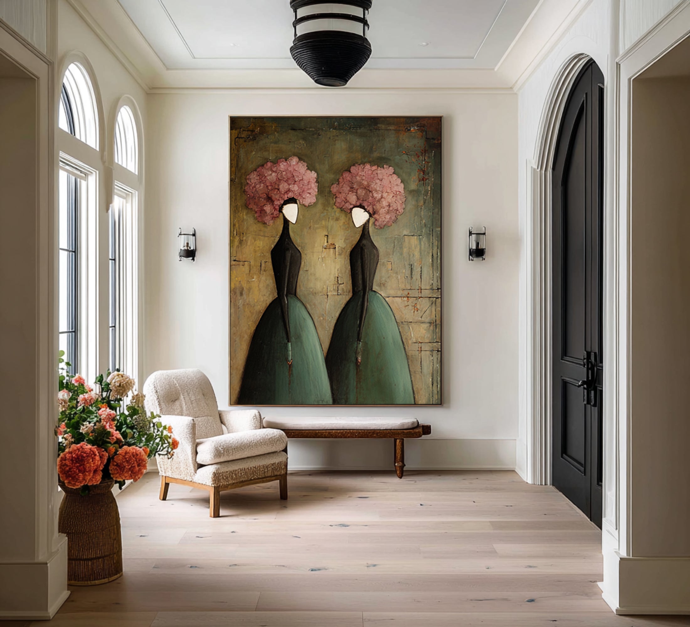 Large Elegant Figurative Wall Art Vintage Floral Portrait Painting