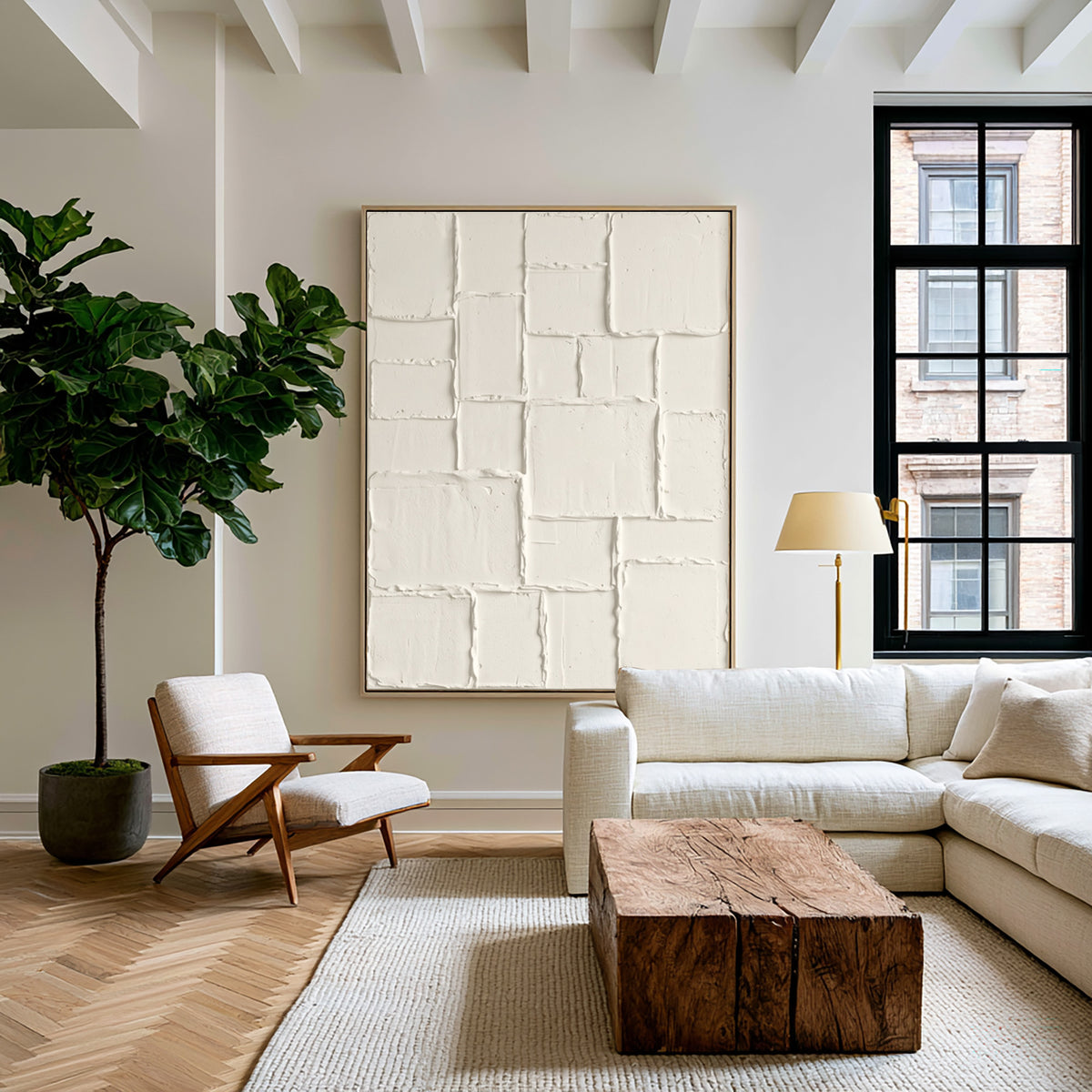 Large Neutral Geometric Patchwork Relief Wall Art Ivory Cream Abstract Oil Painting Raised Rectangular Blocks Textured Sculptural Artwork Modern Minimalist Luxury Home Decor