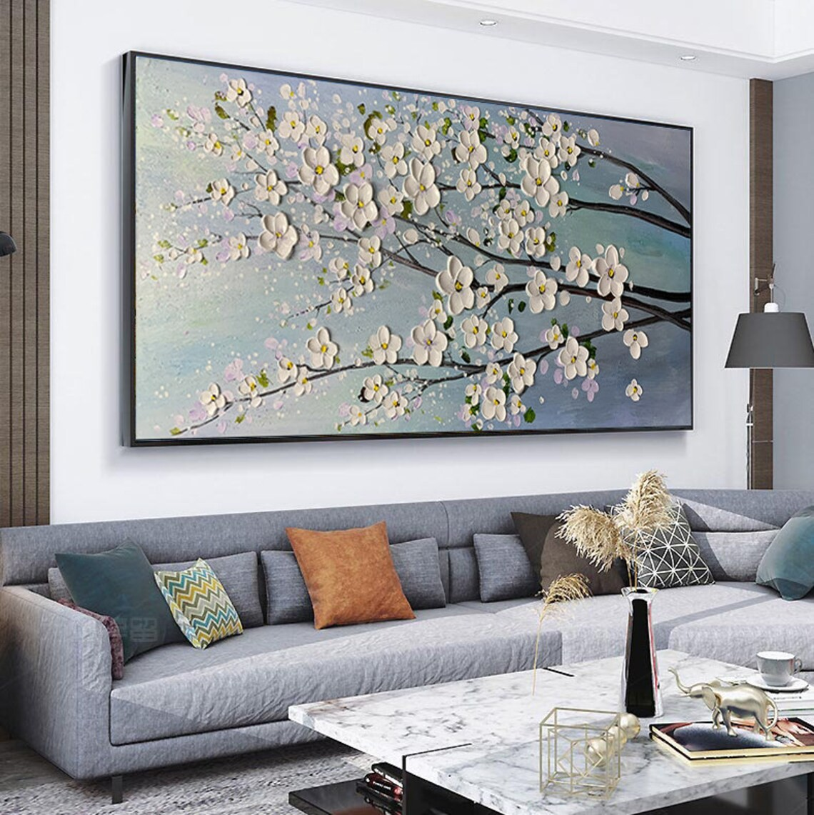 Modern Floral Wall Art with White Blossoms #BGA 048