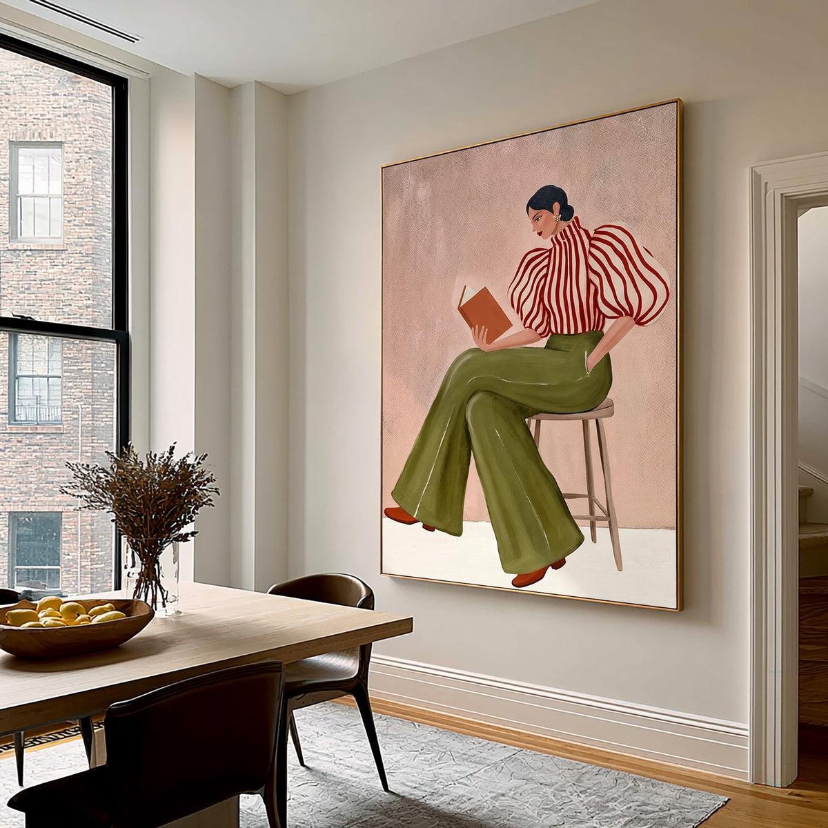 Large Textured Oil Painting Woman Reading Striped Blouse Olive Green Trousers