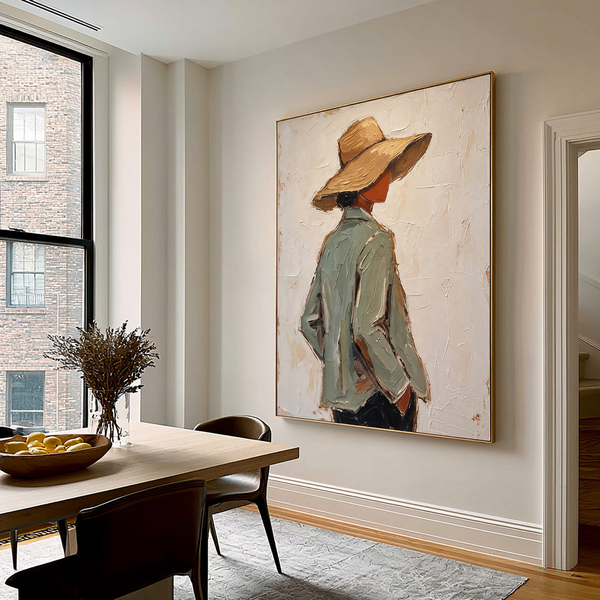 Large Textured Western Oil Painting Cowboy Hat Figurative Wall Art