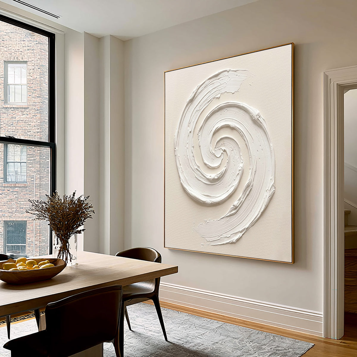 White Textured Abstract Spiral Oil Painting Large Minimalist Wall Art Handmade Impasto Artwork