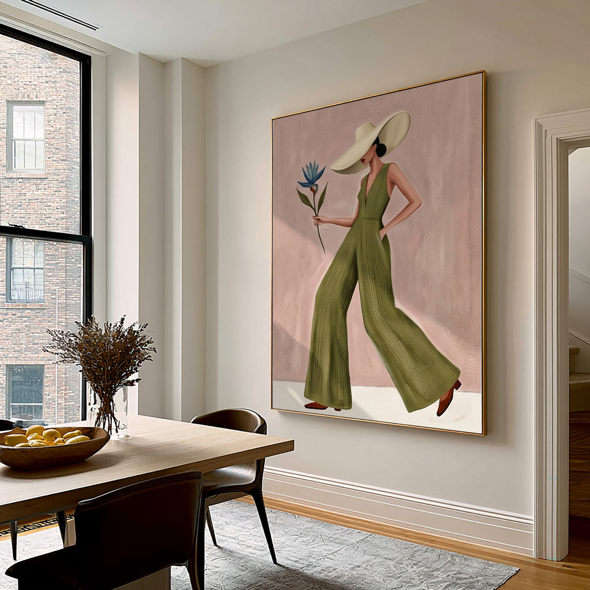 Modern Woman Painting Fashion Wall Art with Floral Details