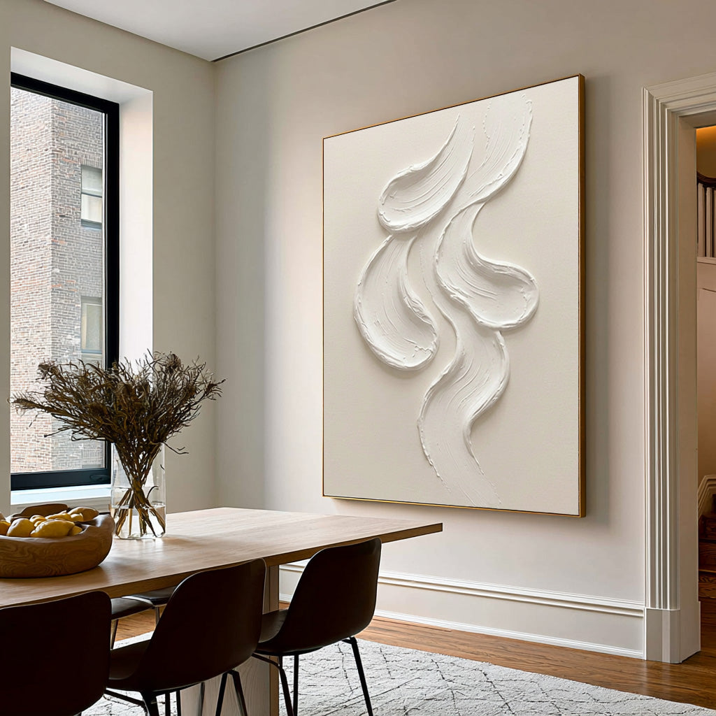 Large Abstract White Wall Art Textured Oil Painting Minimalist Sculptural Artwork Modern Neutral Contemporary Interior Decor