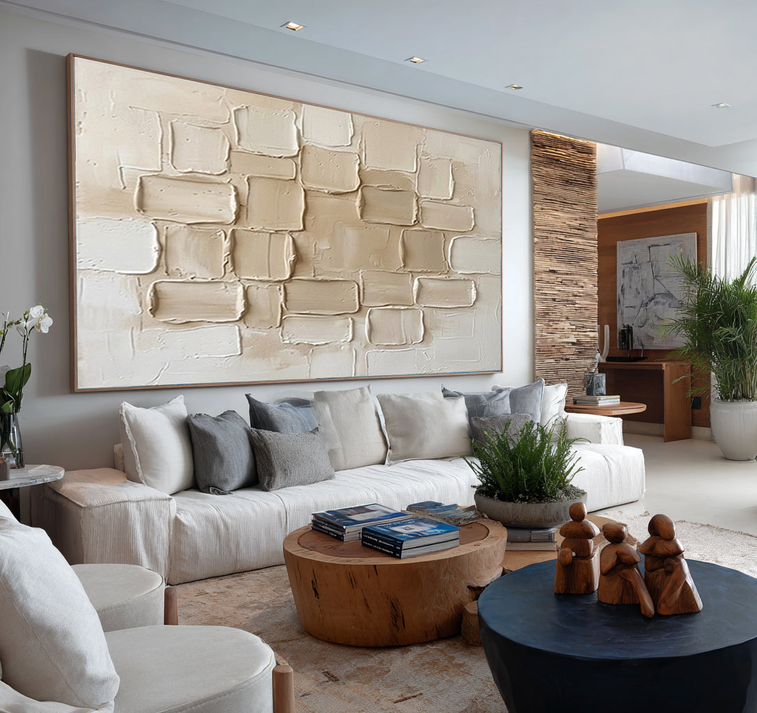 Large Neutral Textured Blocks Wall Art Modern Abstract Canvas Decor