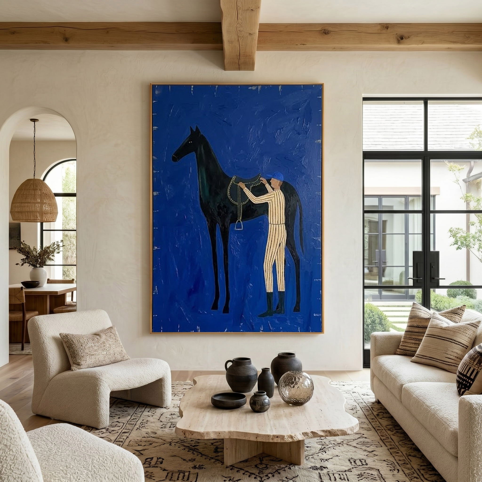 Large Abstract Cowboy Equestrian Oil Painting Blue Wall Art