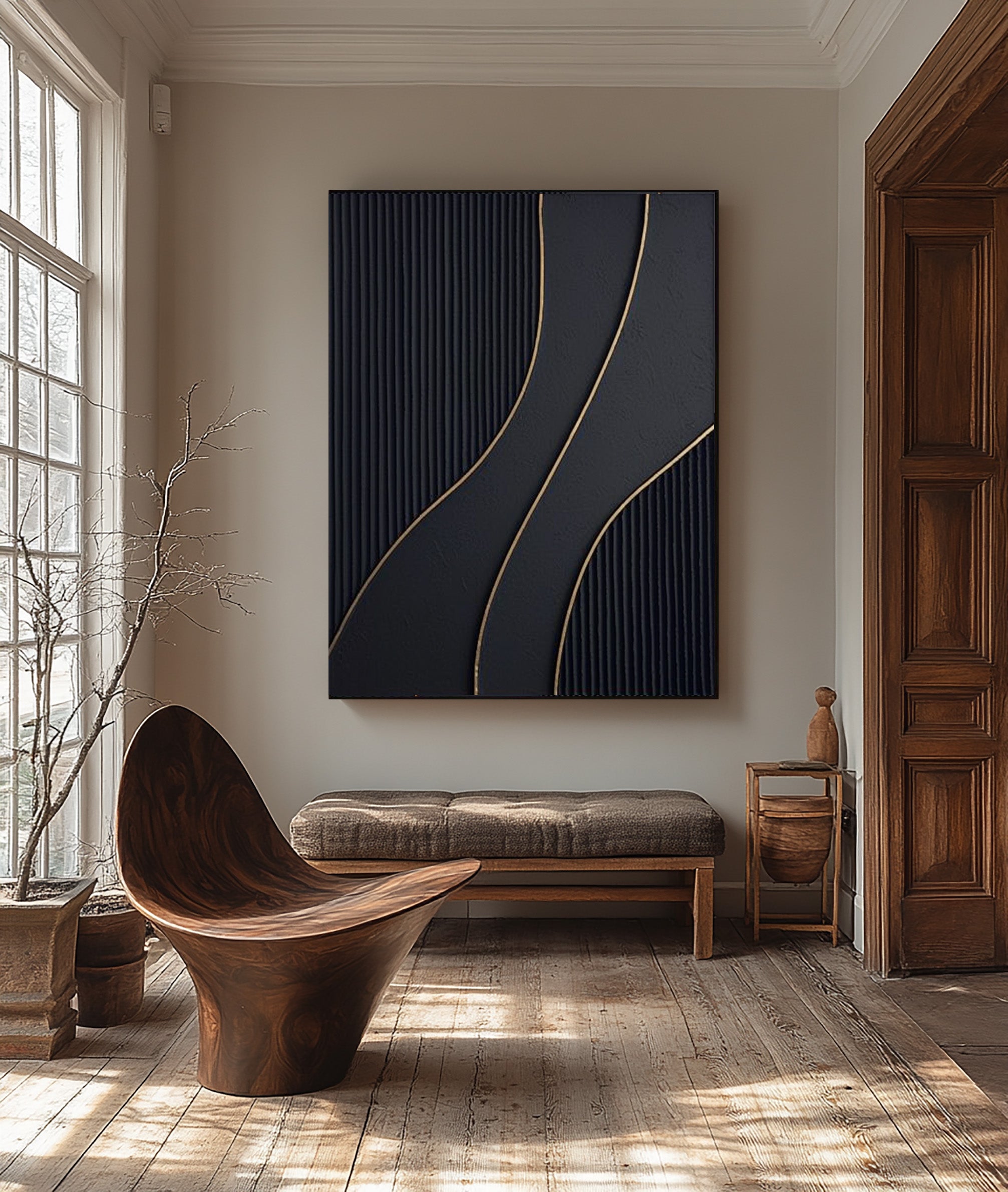 Elegant Black Wall Art with Golden Swirls | Luxurious & Modern #BBA 095