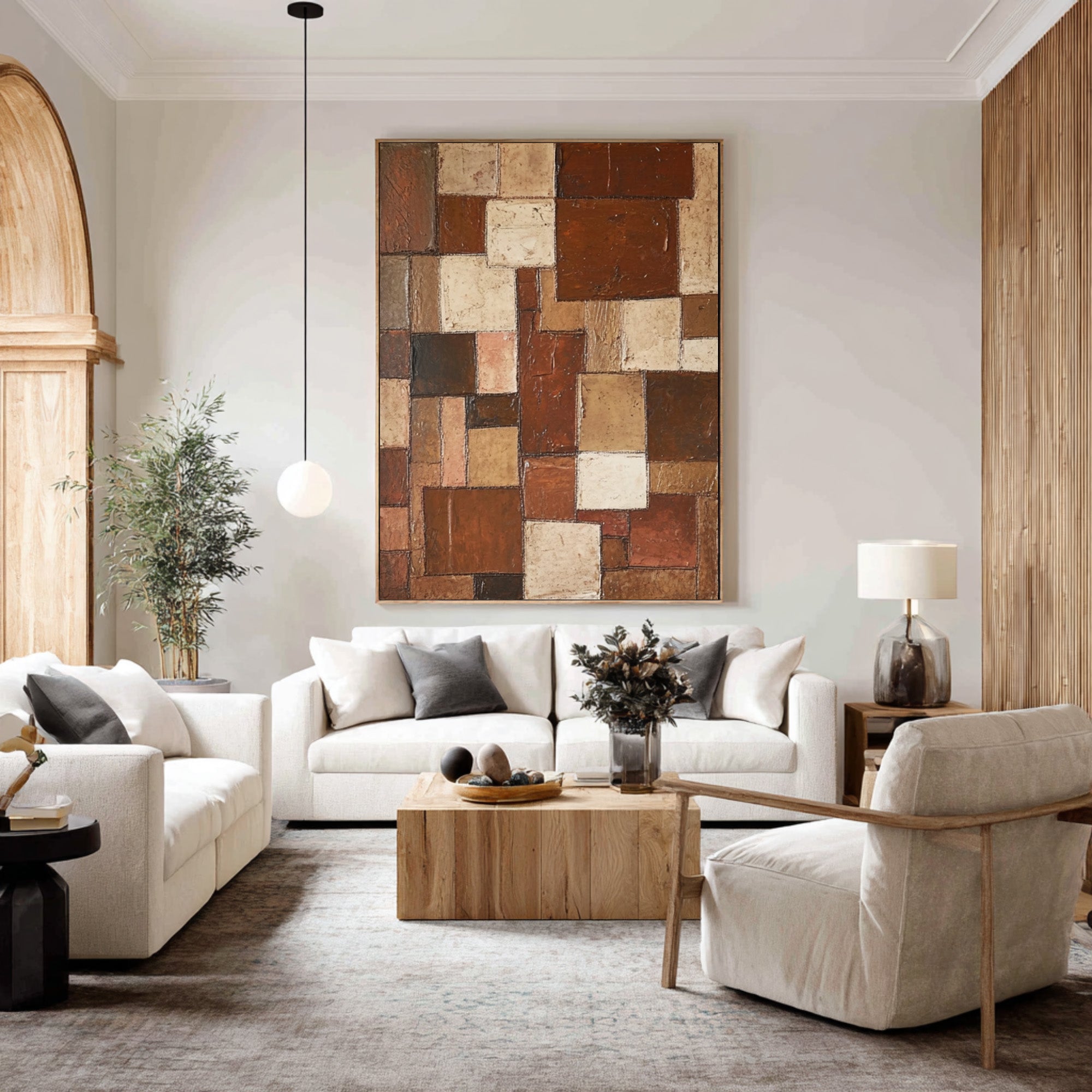 Large Geometric Abstract Oil Painting in Earth Tones, Vertical Contemporary Wall Art for Entryway #WAC 003